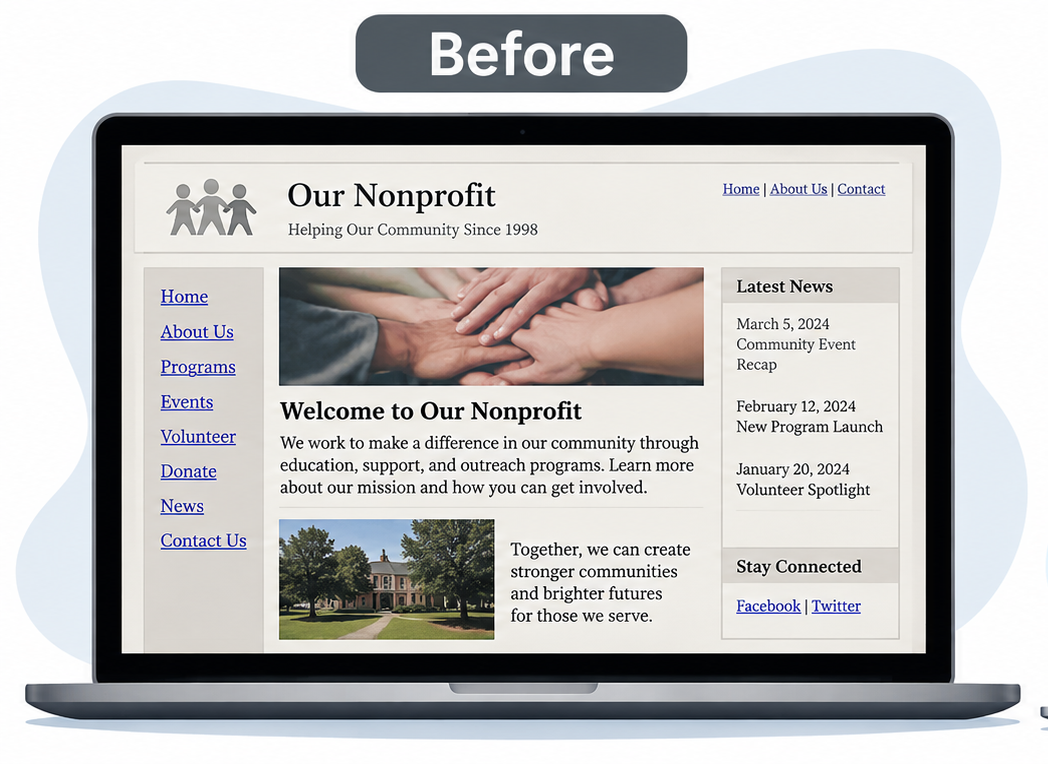 Laptop displaying a nonprofit website homepage with a hands banner, left navigation, and sidebar content