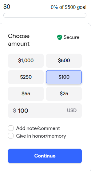 A screenshot of a choose amount page on a website.