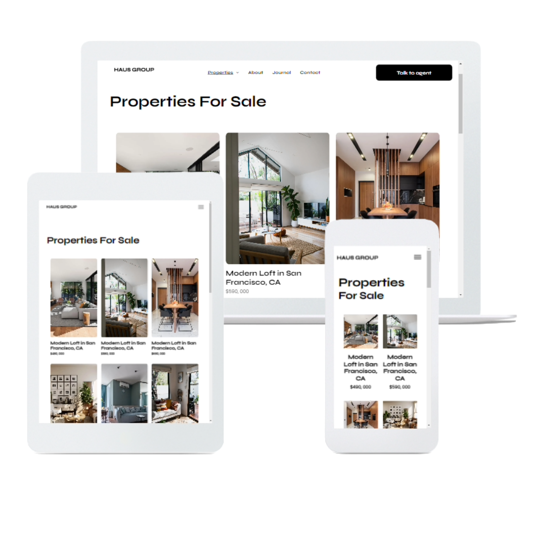 a laptop , tablet , and cell phone displaying a website for properties for sale .