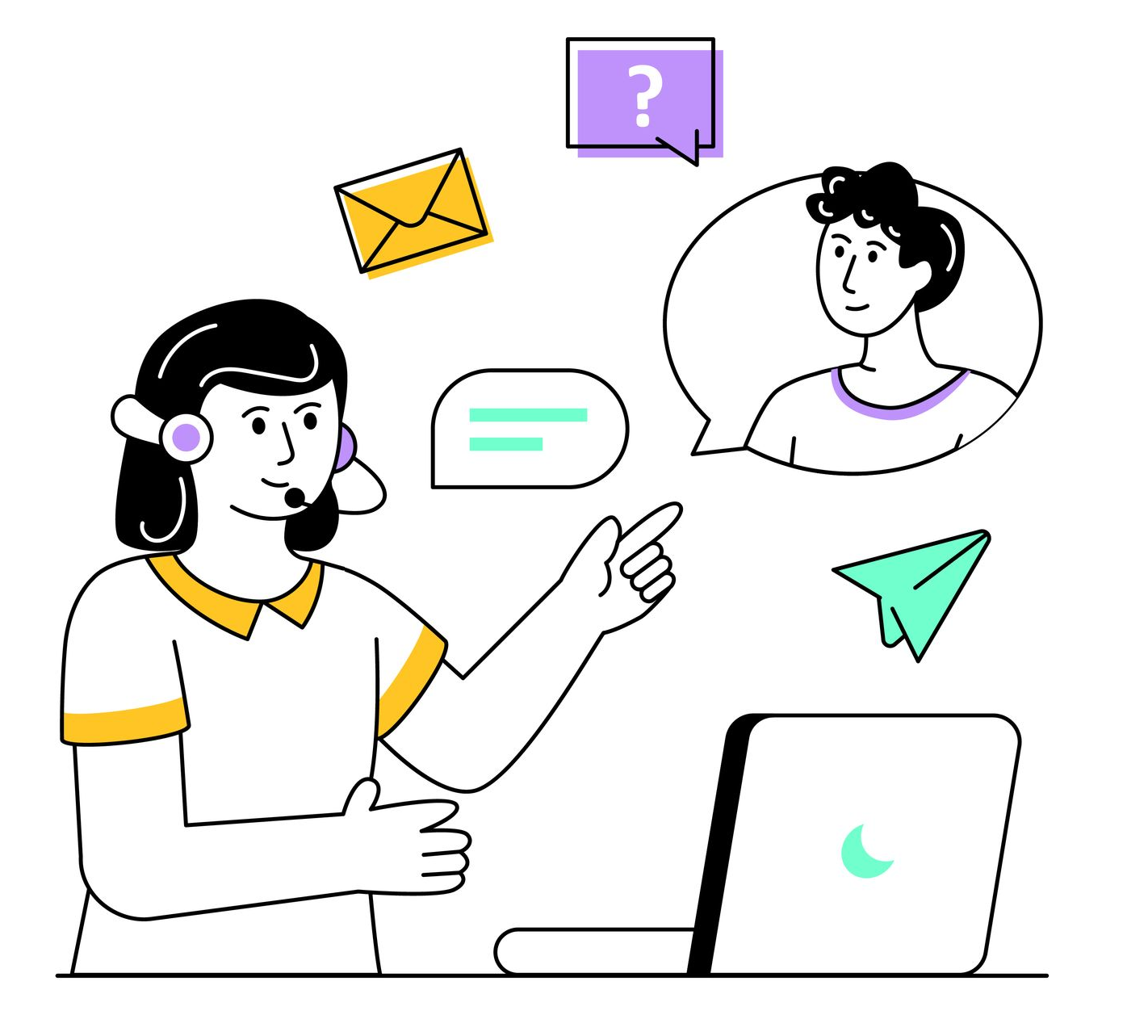Customer support agent at laptop chatting with a caller, with email and message icons nearby