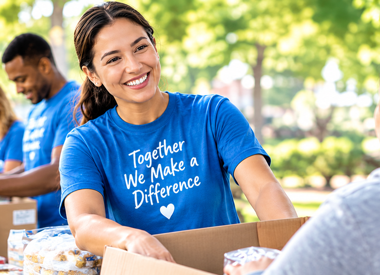 Volunteers in blue shirts packing boxes at an outdoor table, smiling and talking during a community event
