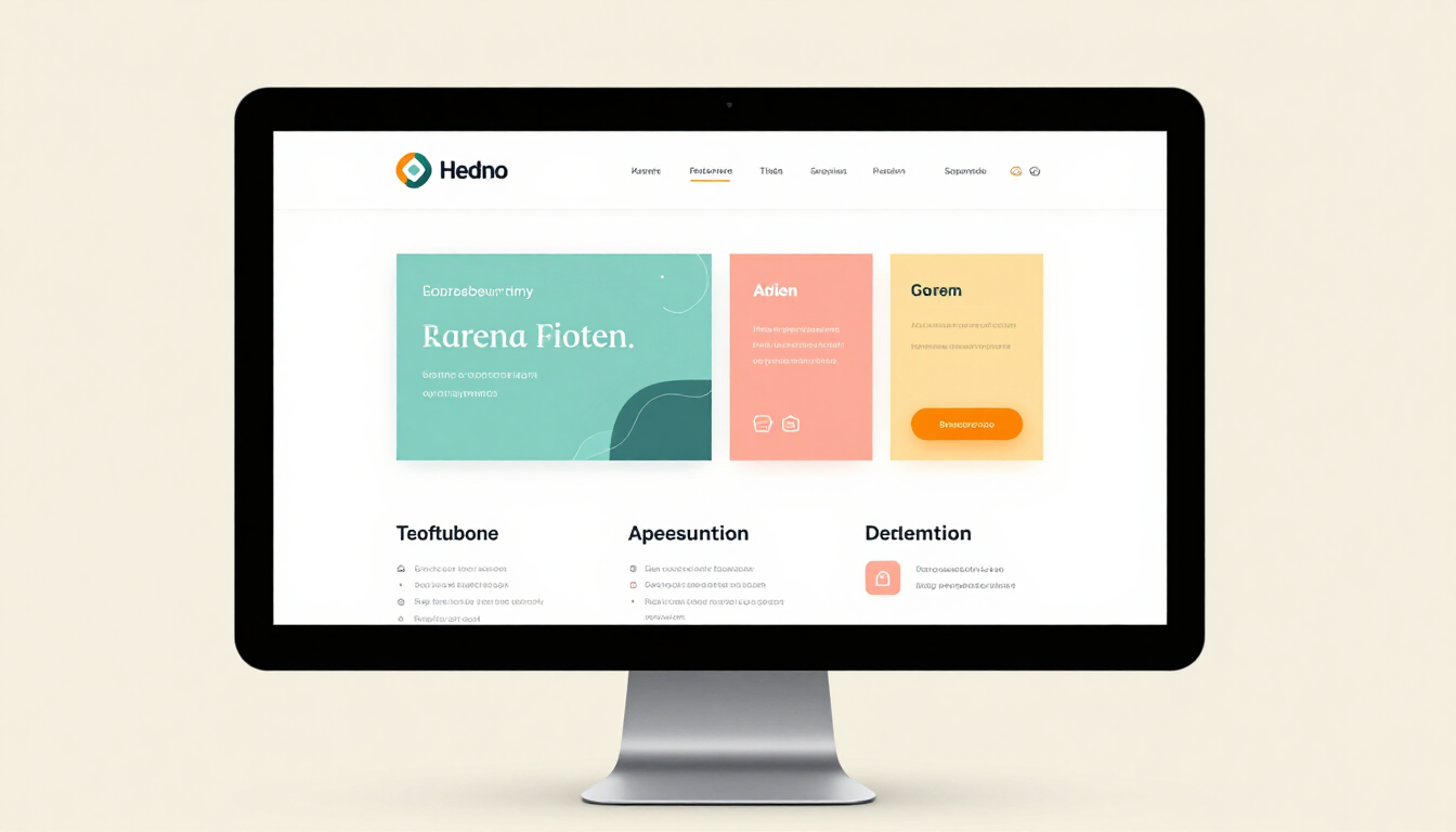 Desktop monitor displaying a clean website with pastel-colored panels and navigation.
