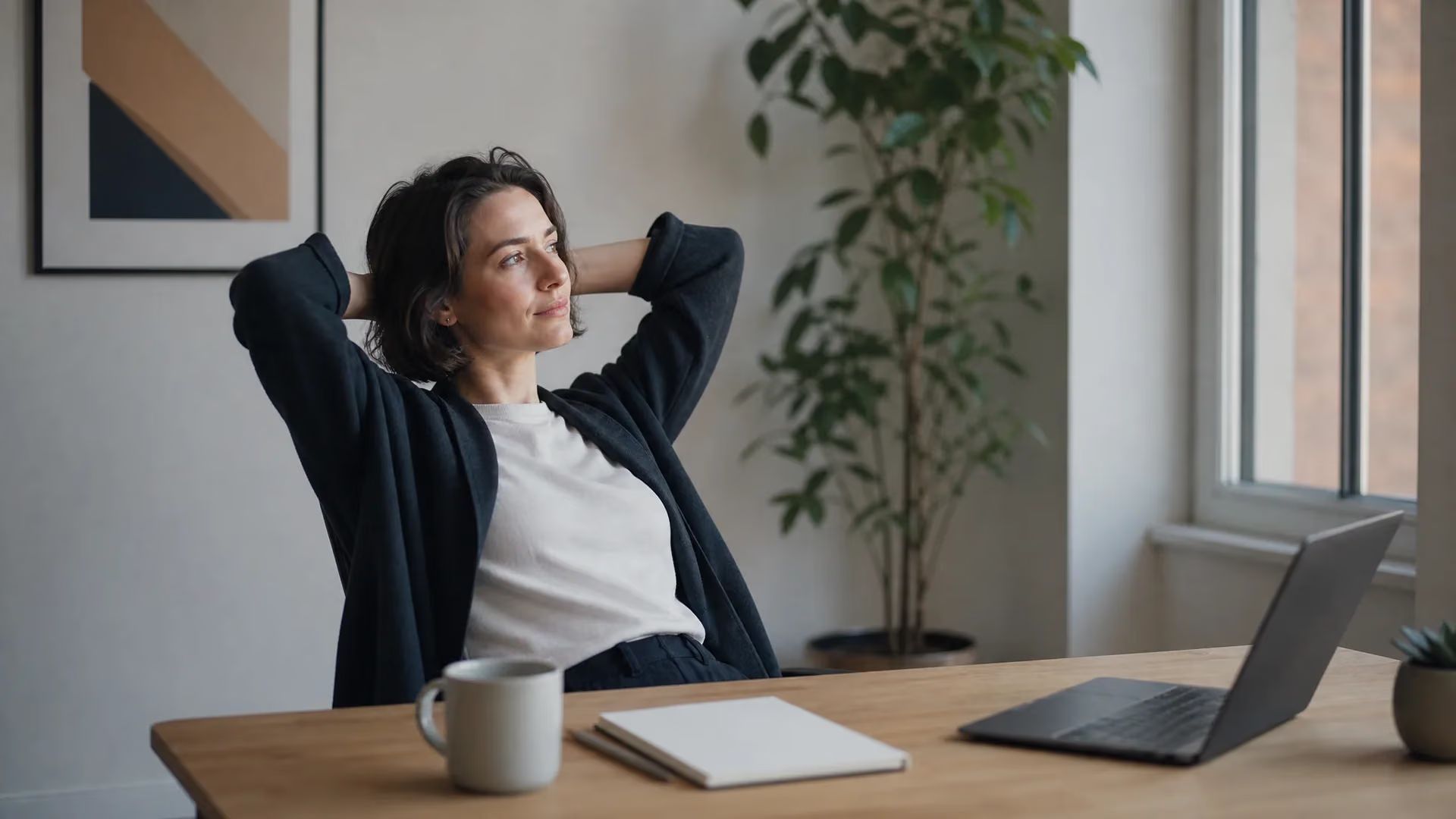 Person stretching at a desk with a laptop, notebook, and mug in a bright home office