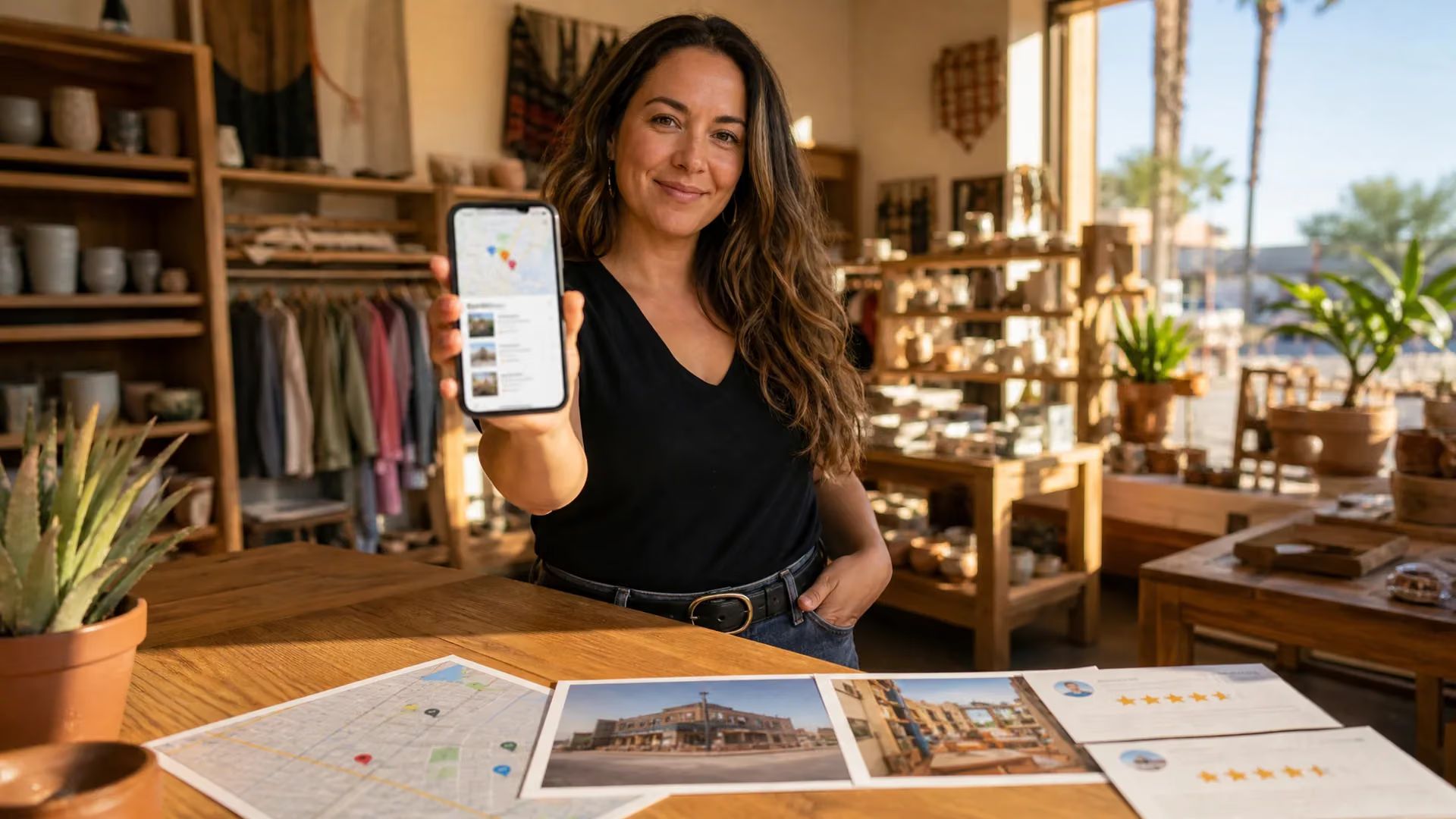 Woman in a studio holding up a smartphone with design plans spread across a table