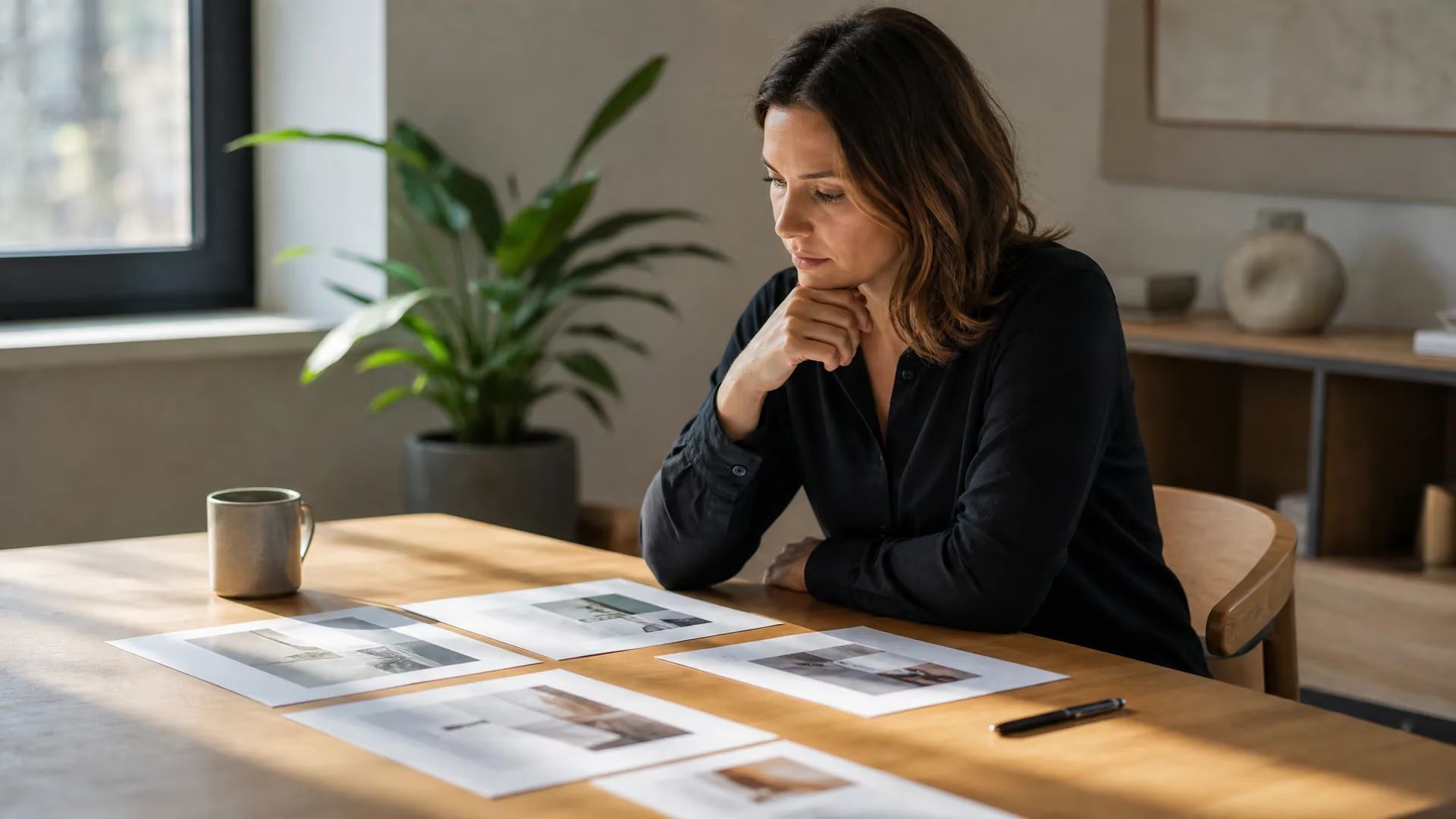 Woman in a black top studying documents at a wooden table in a bright room, looking thoughtful.