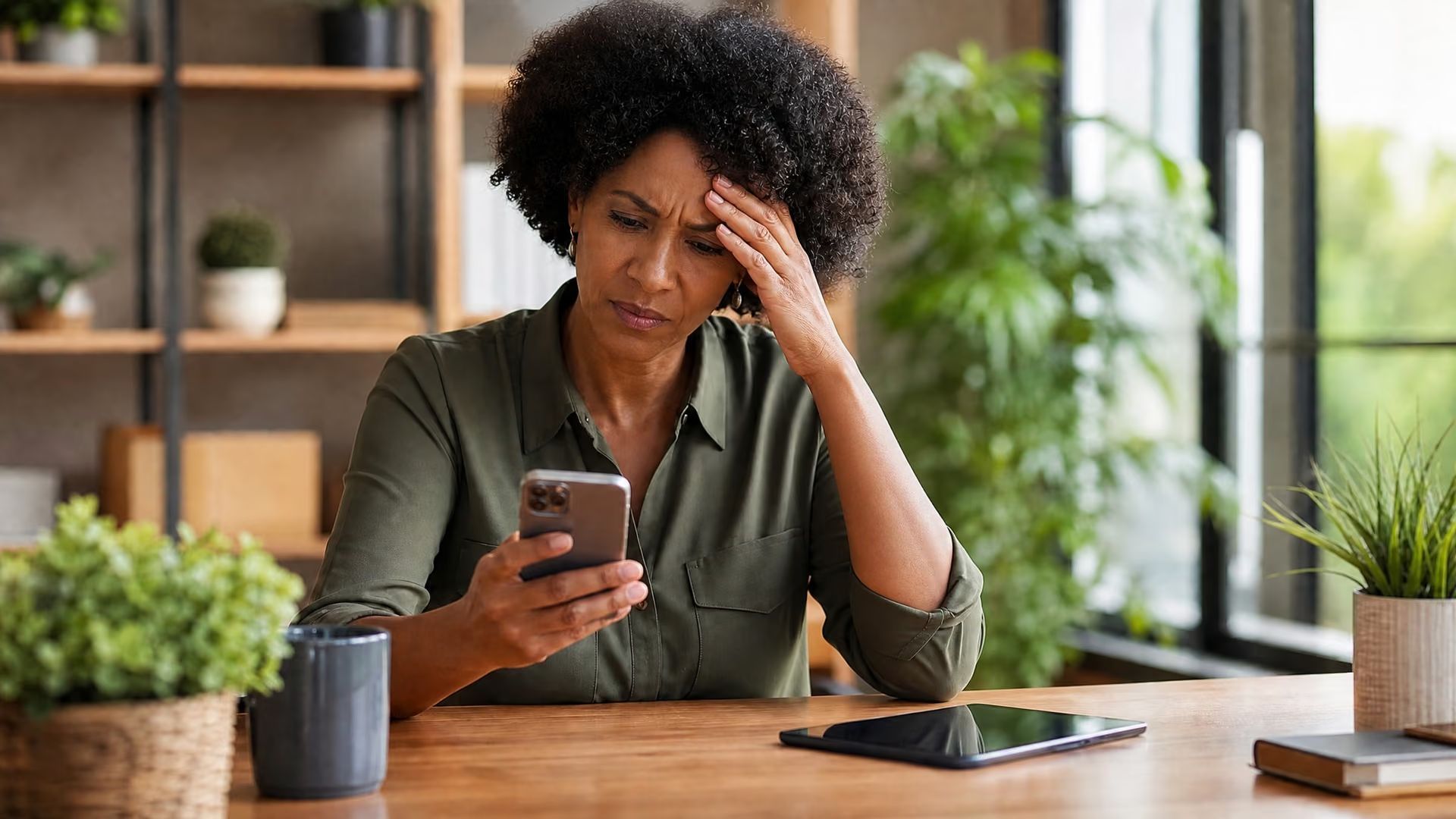 Person at a desk looking at a phone with a worried expression, hand on forehead, in a bright office.
