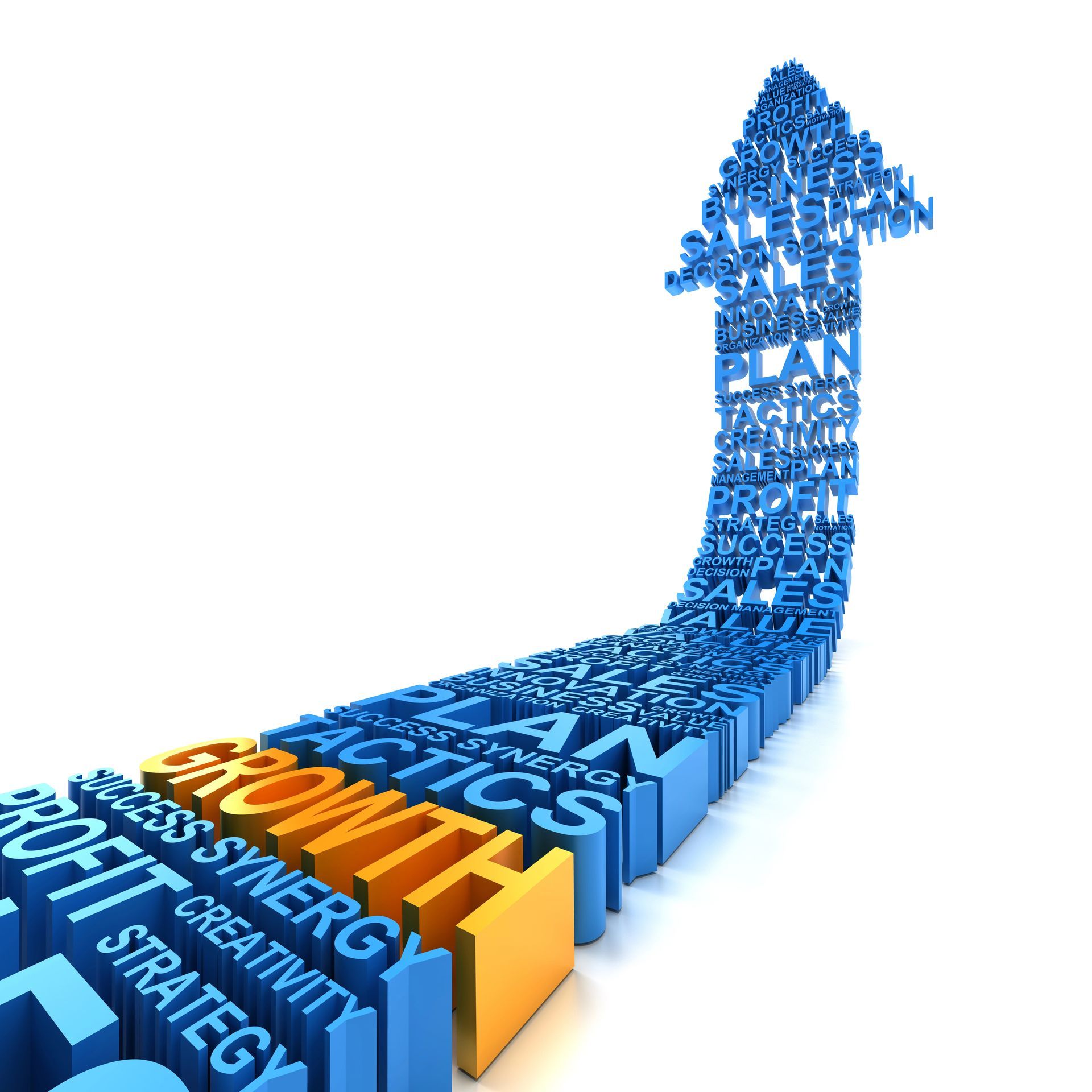 Blue 3D business words rising into an upward arrow, symbolizing growth and success
