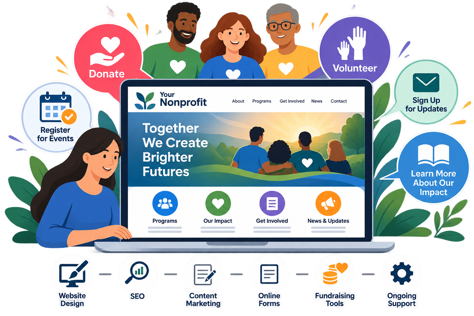 Nonprofit website mockup with volunteer, donation, and outreach icons around a laptop screen