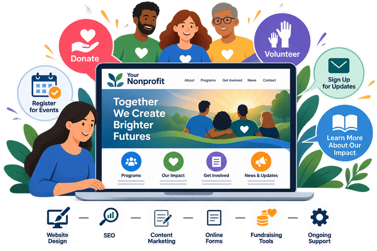 Nonprofit website mockup with volunteer, donation, and outreach icons around a laptop screen