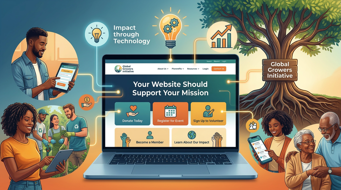 Website support banner with laptop, diverse people, tree, and icons on a blue-orange background