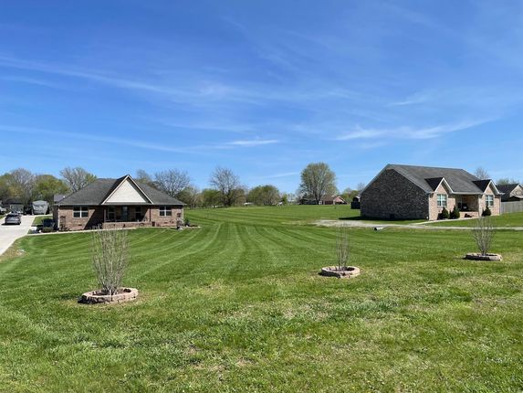 Grassy field with young trees, two stone houses, and a clear blue sky