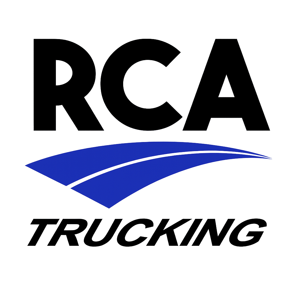 Logo for RCA Trucking featuring the bold black text "RCA" above a blue road graphic and the black text "TRUCKING."