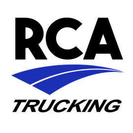 Logo for RCA Trucking featuring the bold black text "RCA" above a blue road graphic and the black text "TRUCKING."