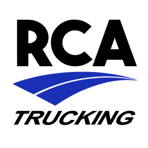 Logo for RCA Trucking featuring the bold black text "RCA" above a blue road graphic and the black text "TRUCKING."