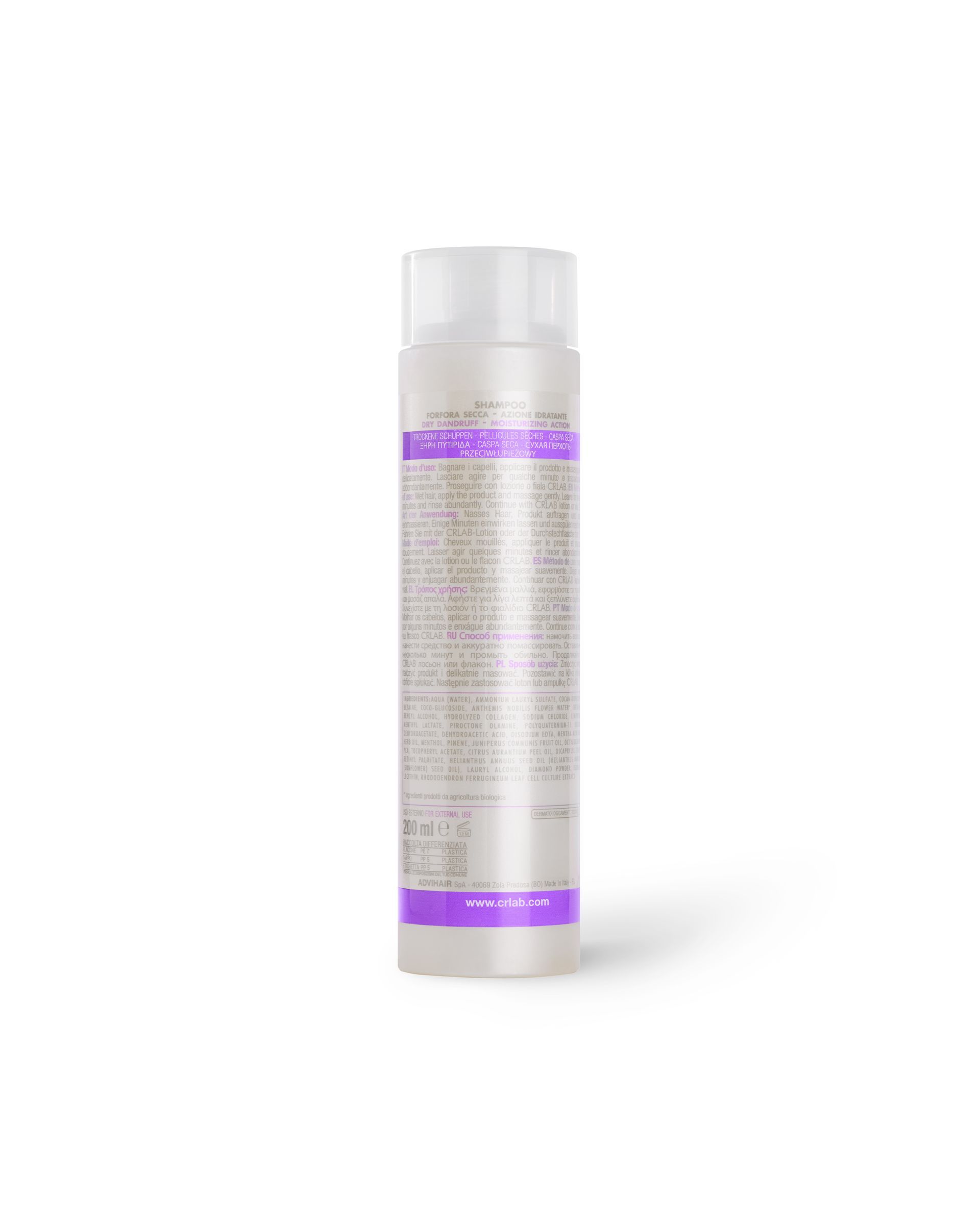 CRLAB shampoo bottle back showing product details and purple lower band