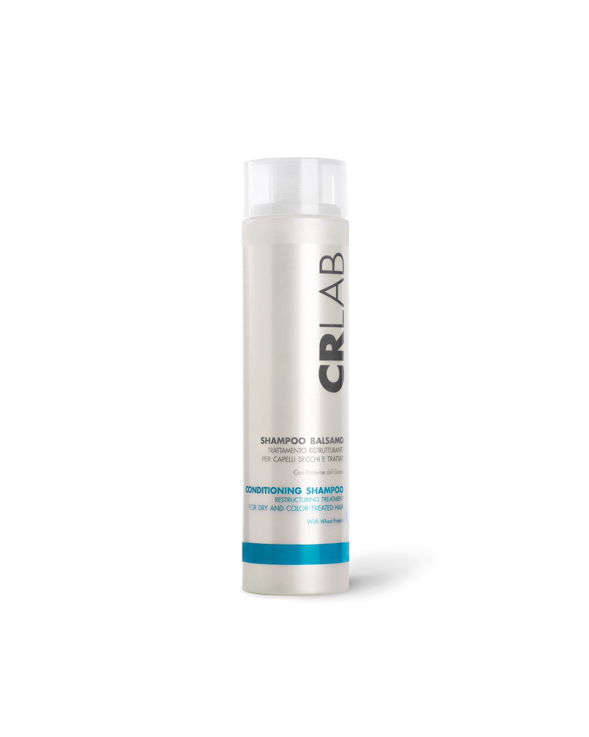 CRLAB conditioning shampoo bottle with teal blue accent band and white cream formula