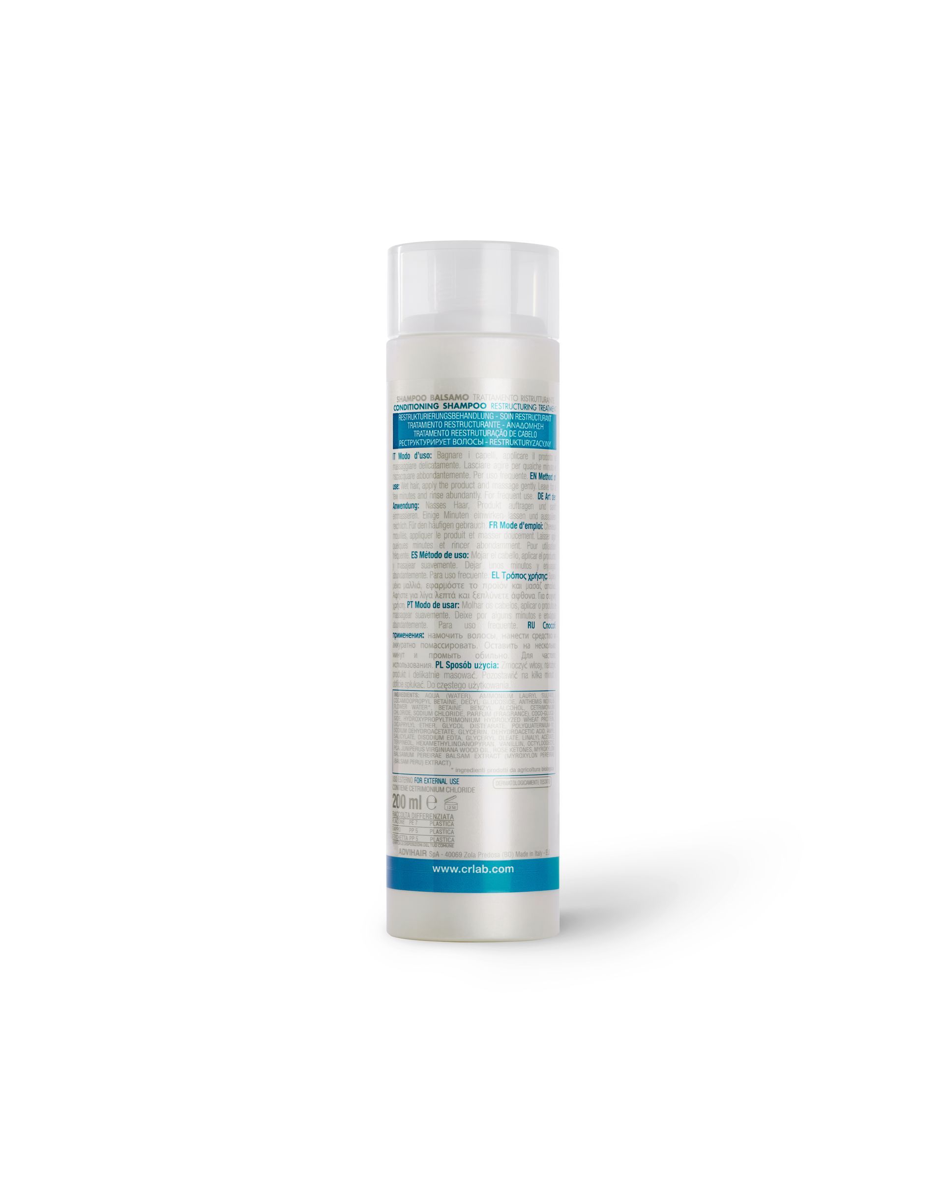 CRLAB conditioning shampoo bottle with teal blue accent band and white cream formula