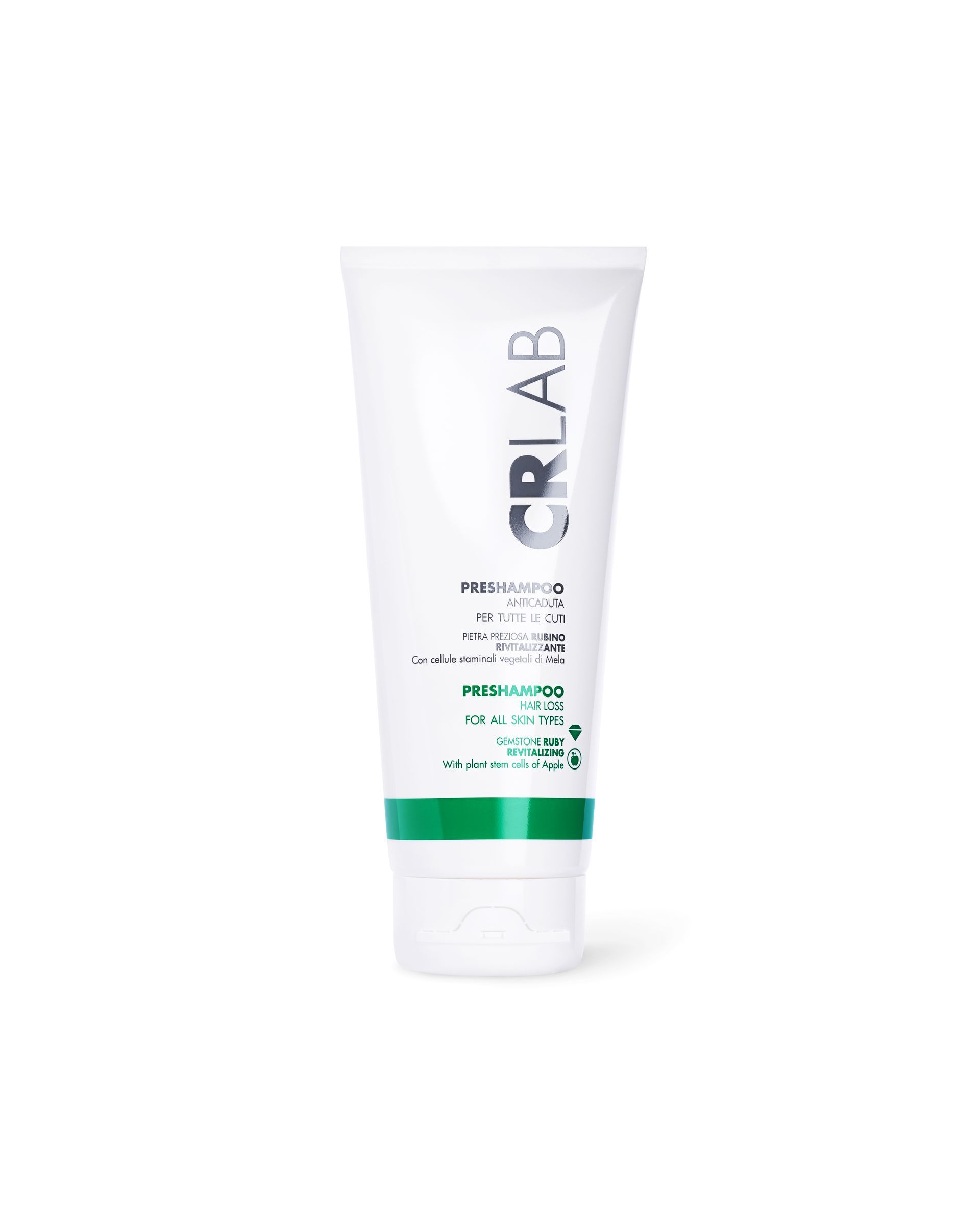 White CRLAB pre-shampoo tube with green accent band and product text