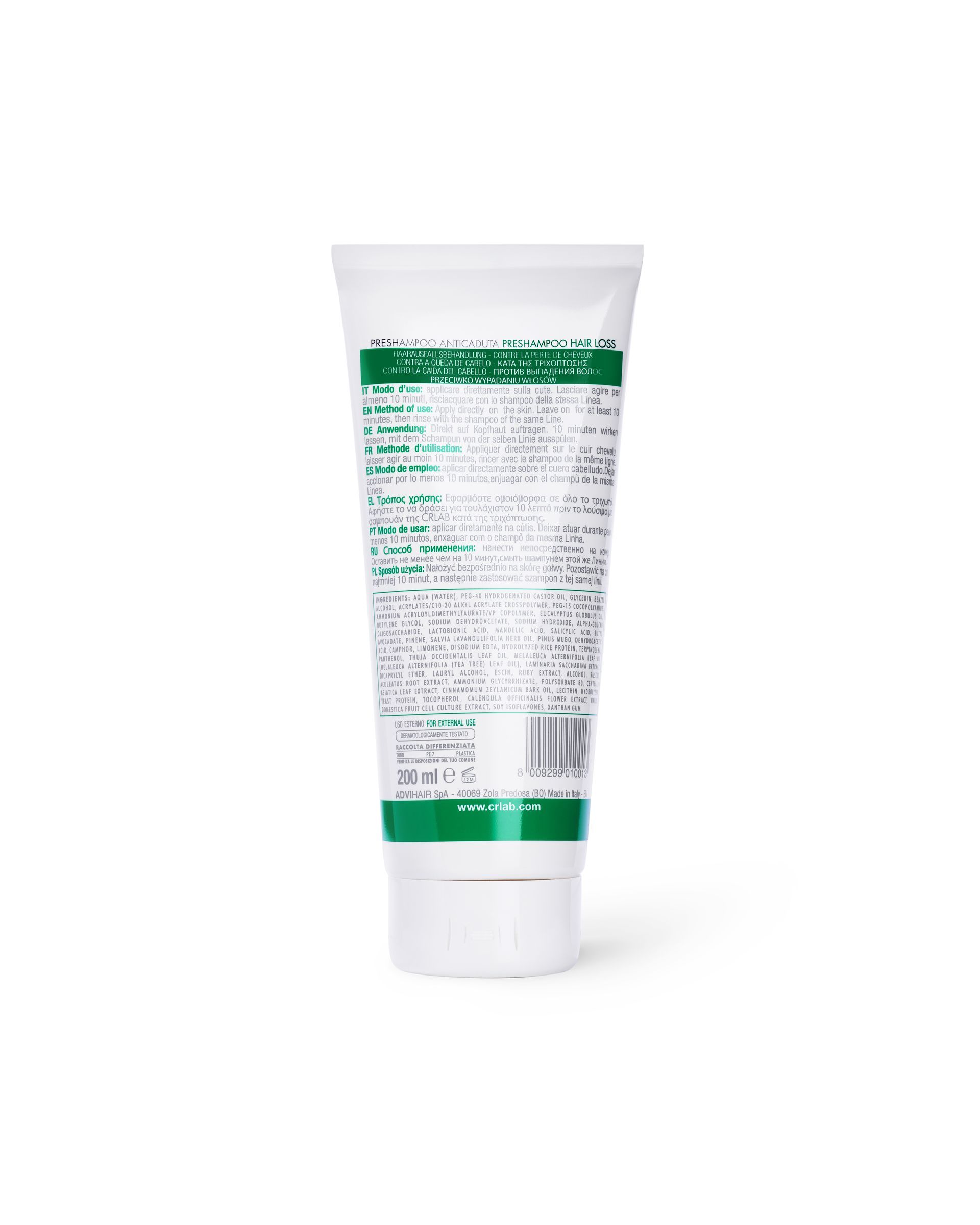 White CRLAB pre-shampoo tube with green accent band and product text