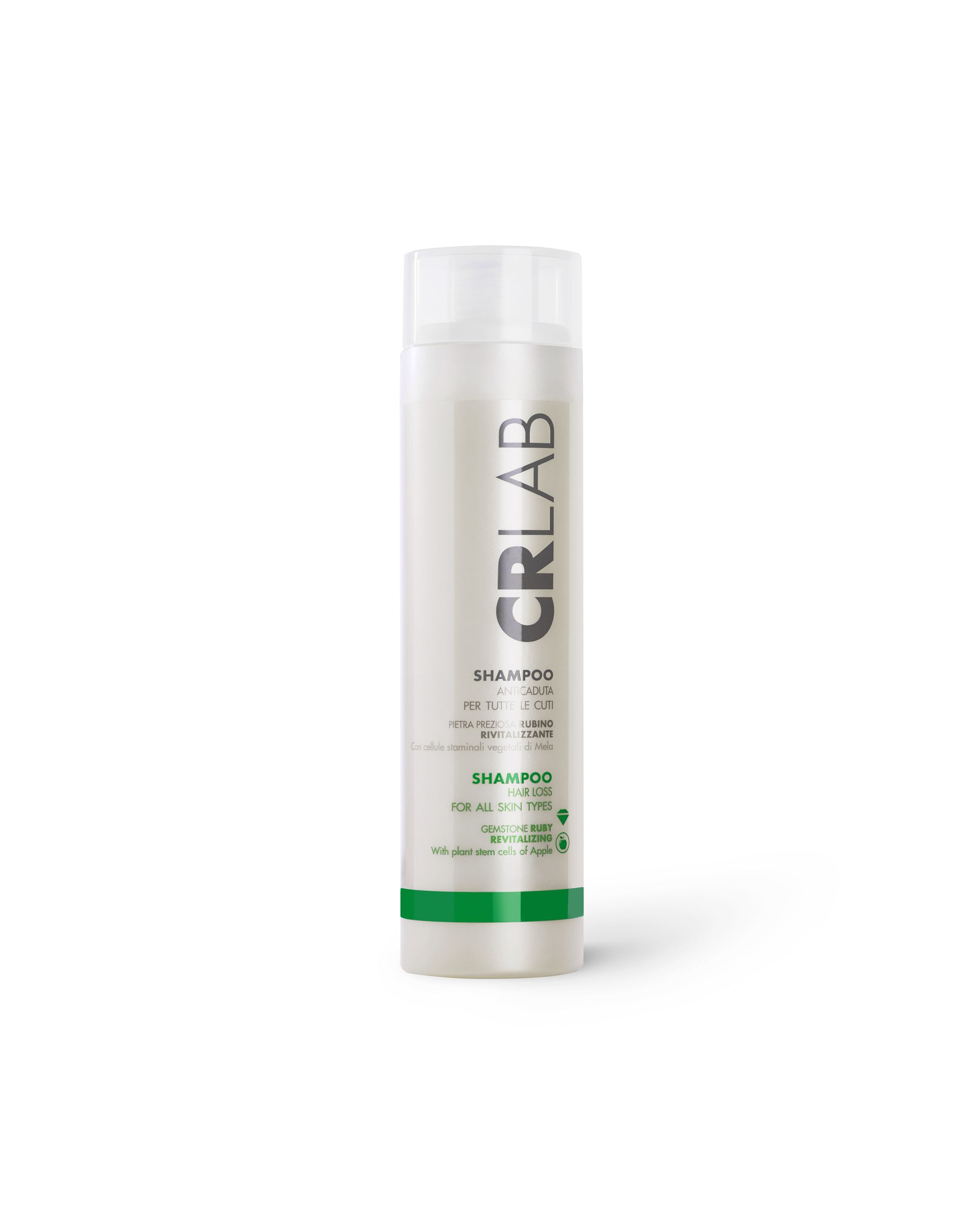 CRLAB shampoo bottle with clear top and white base with green band
