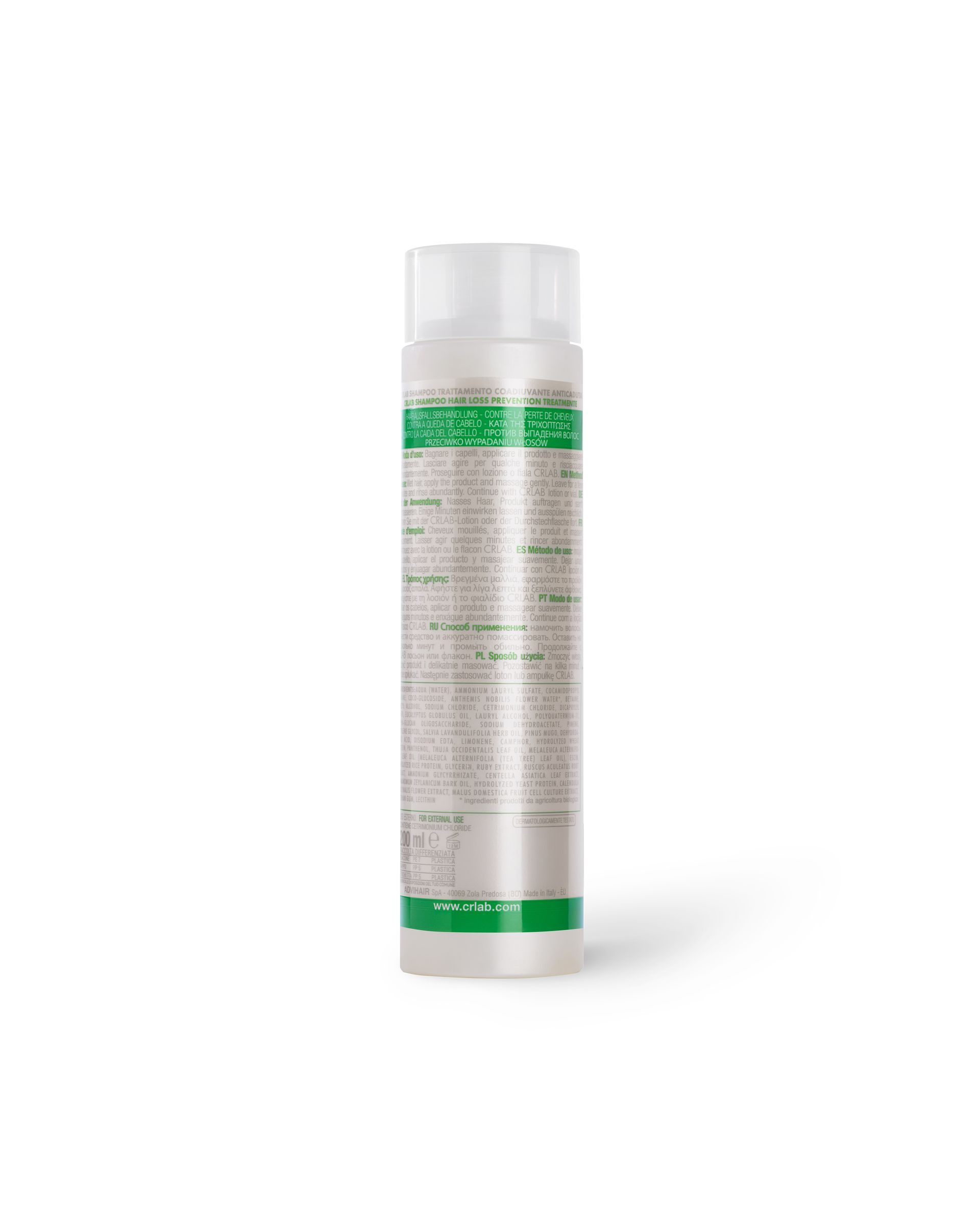 CRLAB shampoo bottle with clear top and white base with green band
