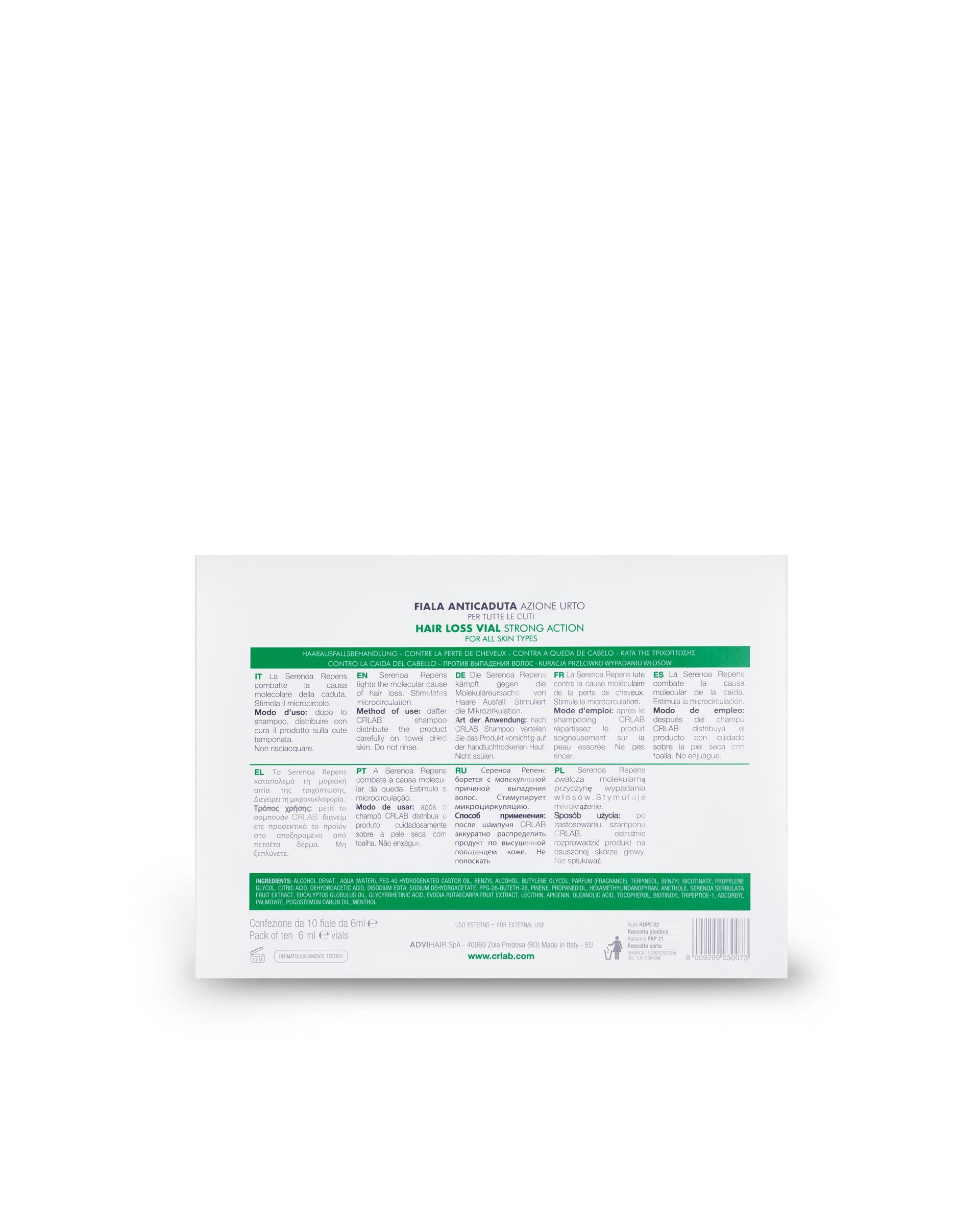 CRLAB hair loss vial product box with green stripe on white background