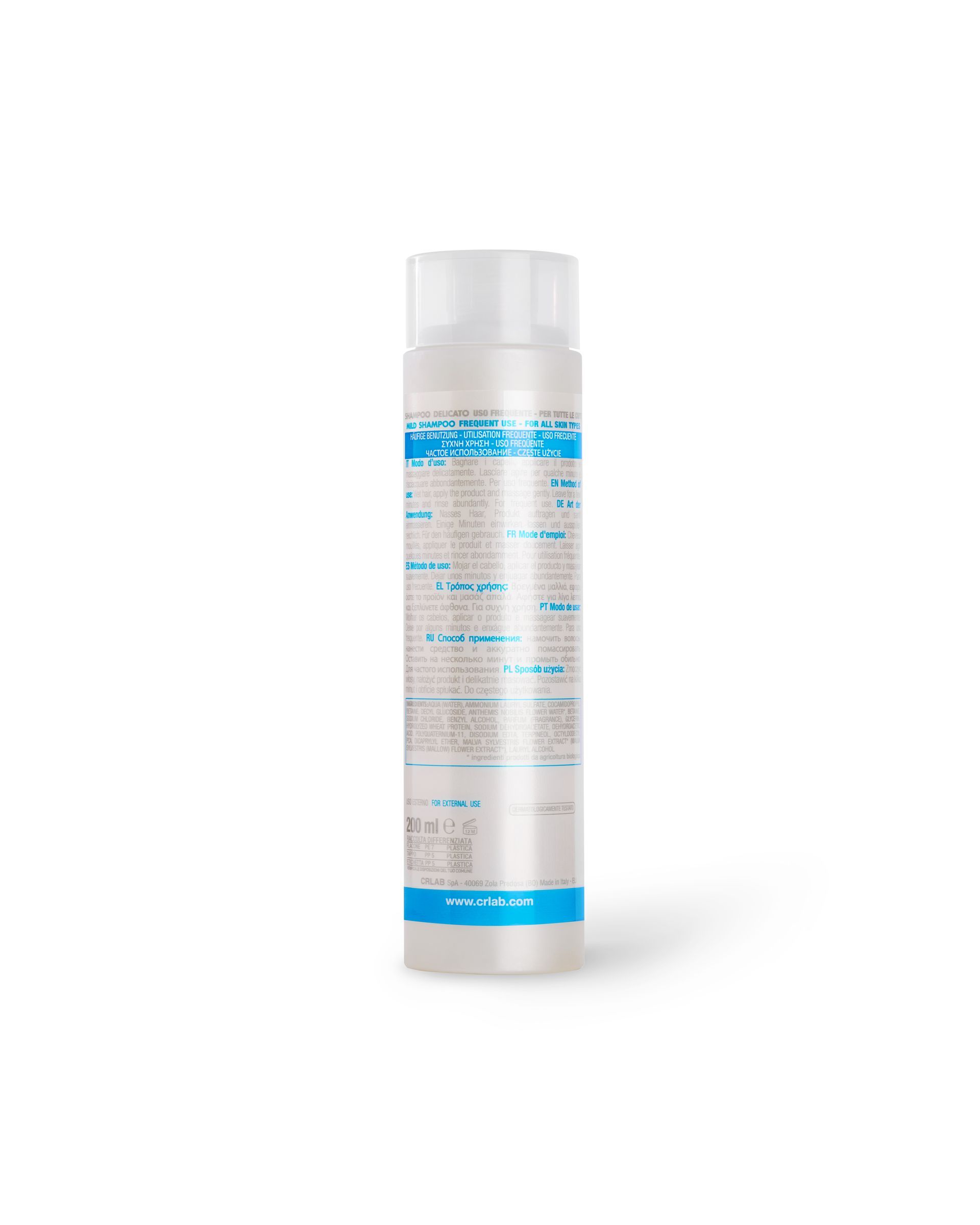 CRLAB mild shampoo bottle with teal accent strip and clear white labeling