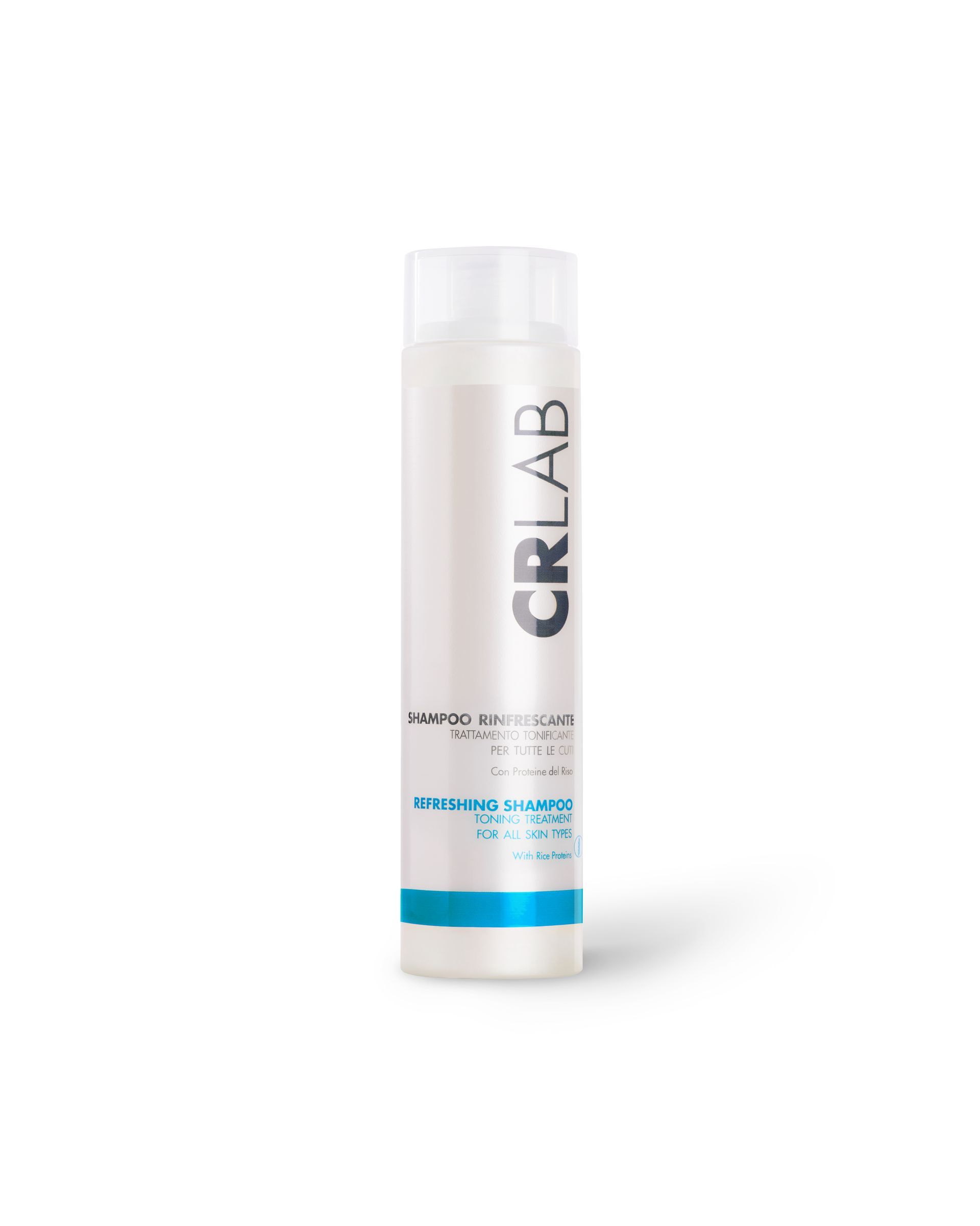CRLAB refreshing shampoo bottle with teal blue band and white formula