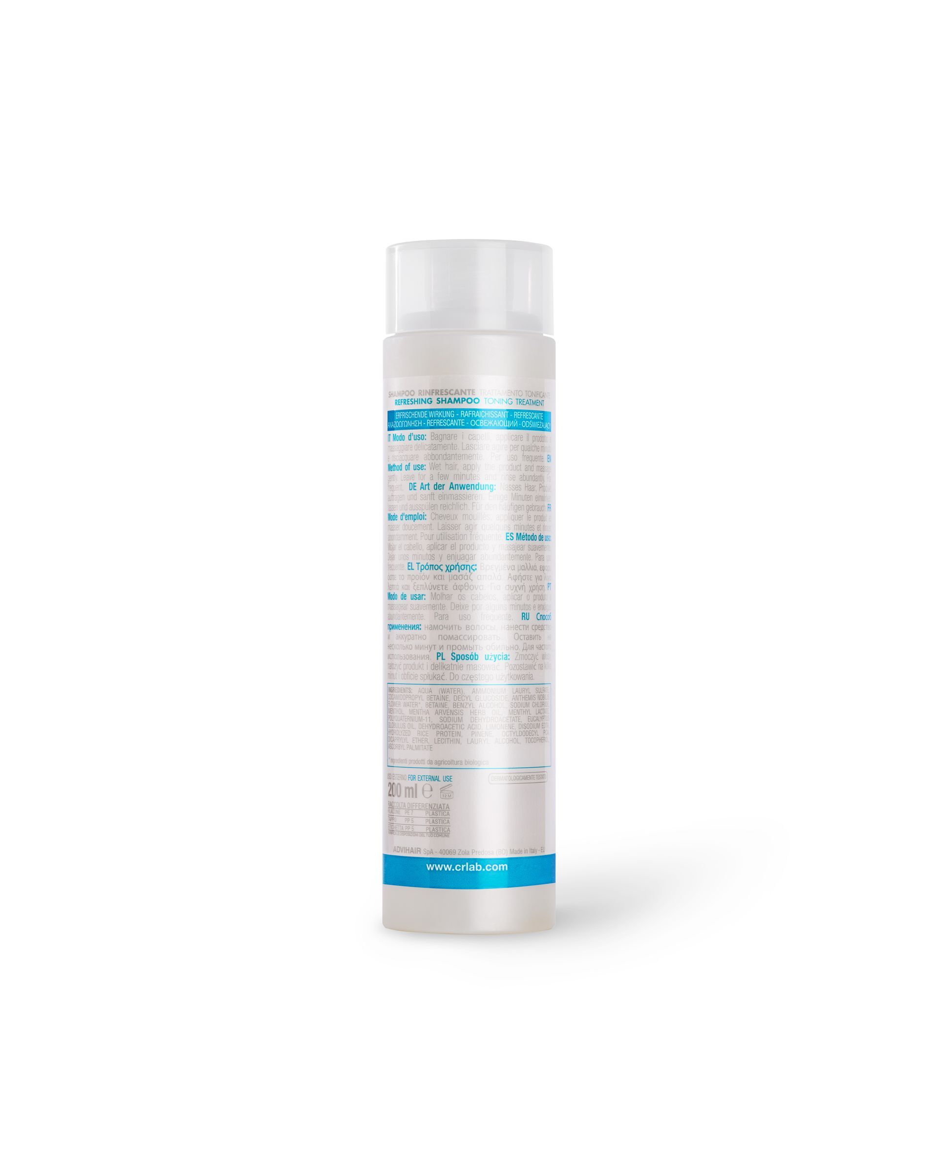CRLAB refreshing shampoo bottle with teal blue band and white formula