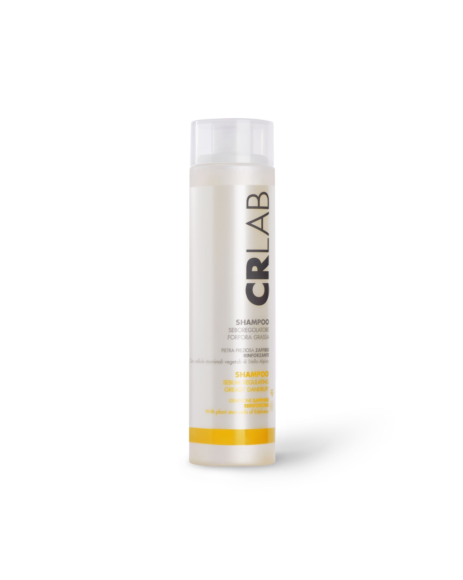 White product bottle with a clear cap and gold label on a white background