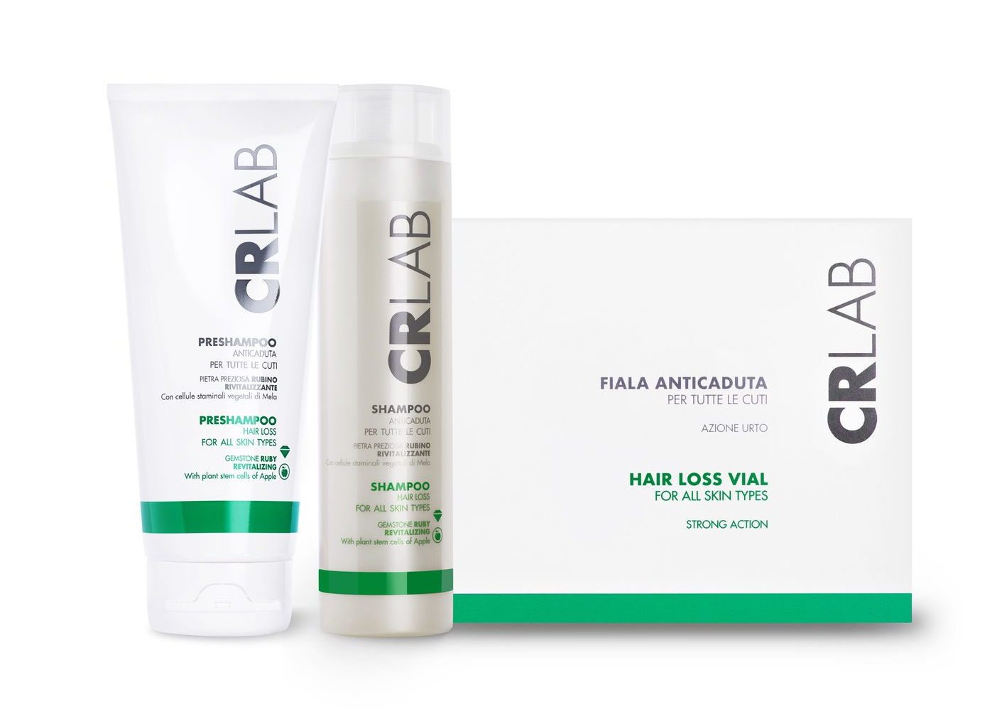 CRLAB hair care products: white tube, bottle, and box with green accents on a white background
