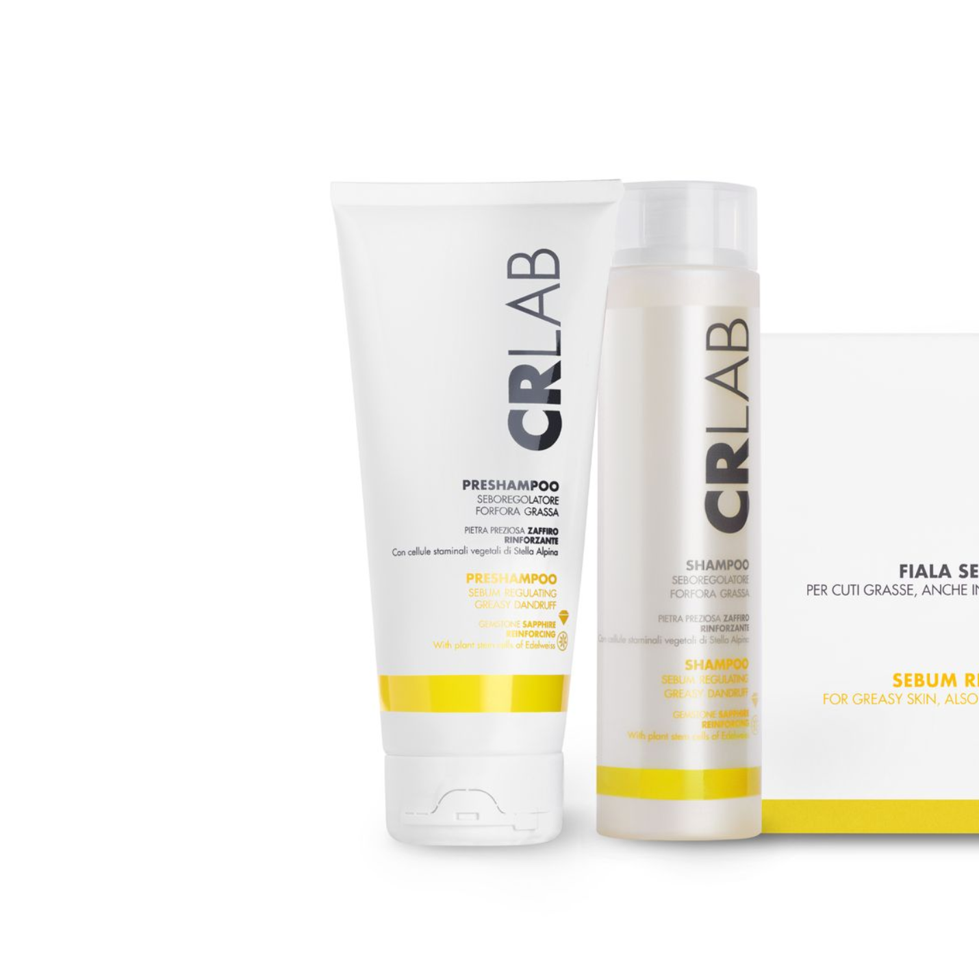 CRLAB hair care product set with white bottles and yellow accents on a white background