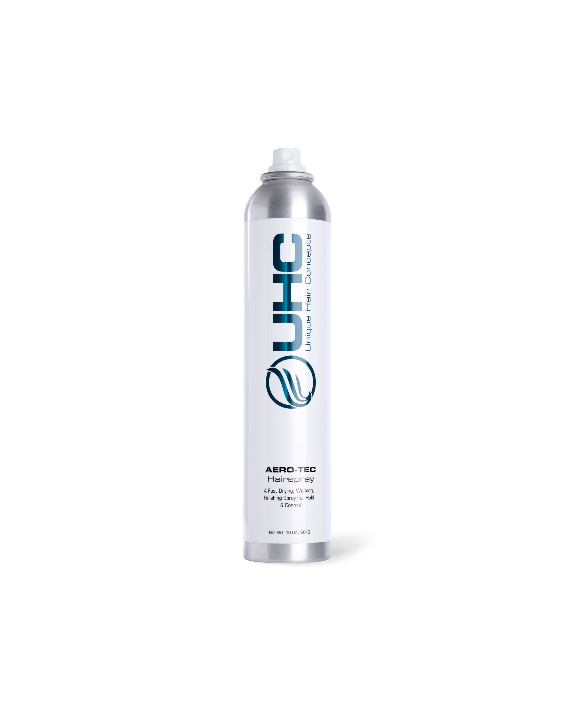 Silver aerosol spray can with white label displaying UHC Aero-Tex Hair Spray branding and benefits