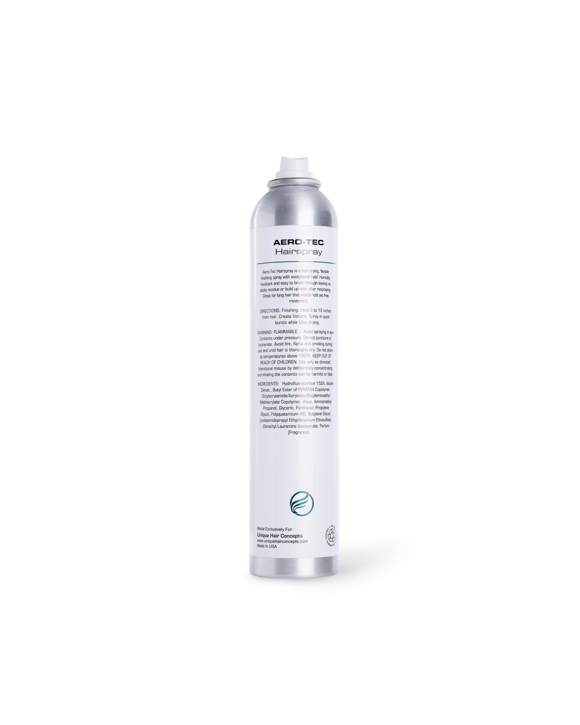 Silver aerosol spray can with white label displaying UHC Aero-Tex Hair Spray branding and benefits