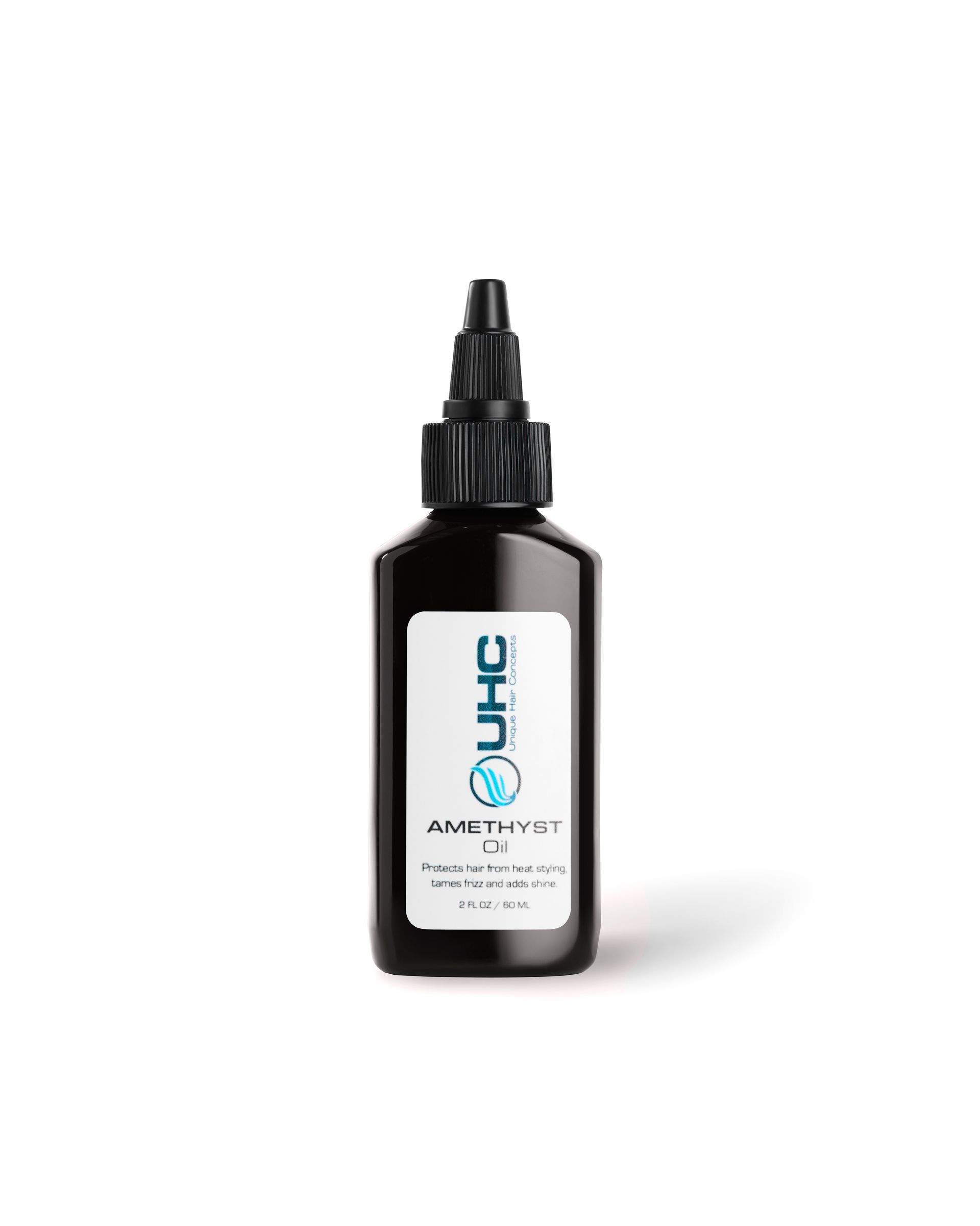 Black dropper bottle with white UHC Amethyst Oil label and blue branding