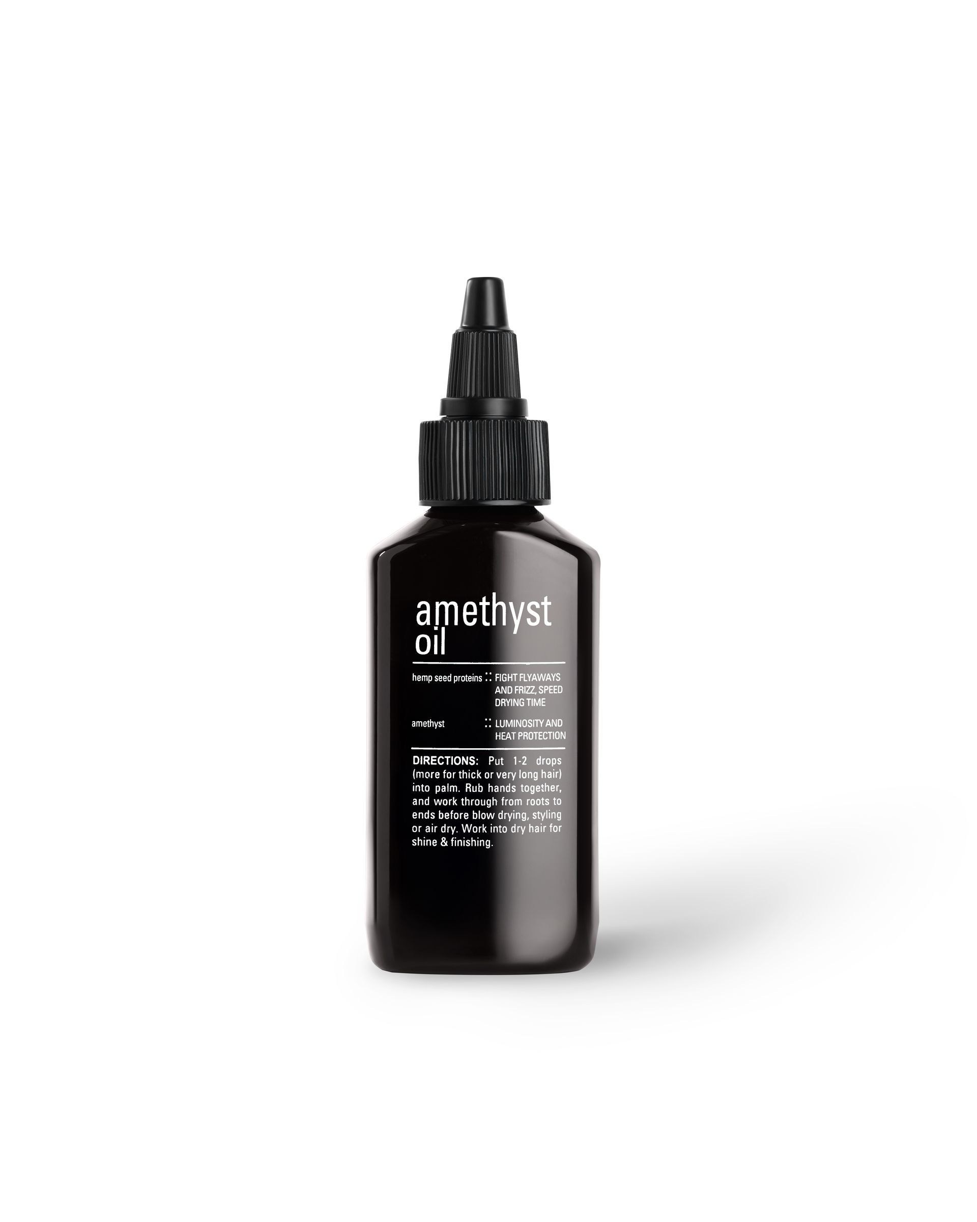 Black dropper bottle with white UHC Amethyst Oil label and blue branding
