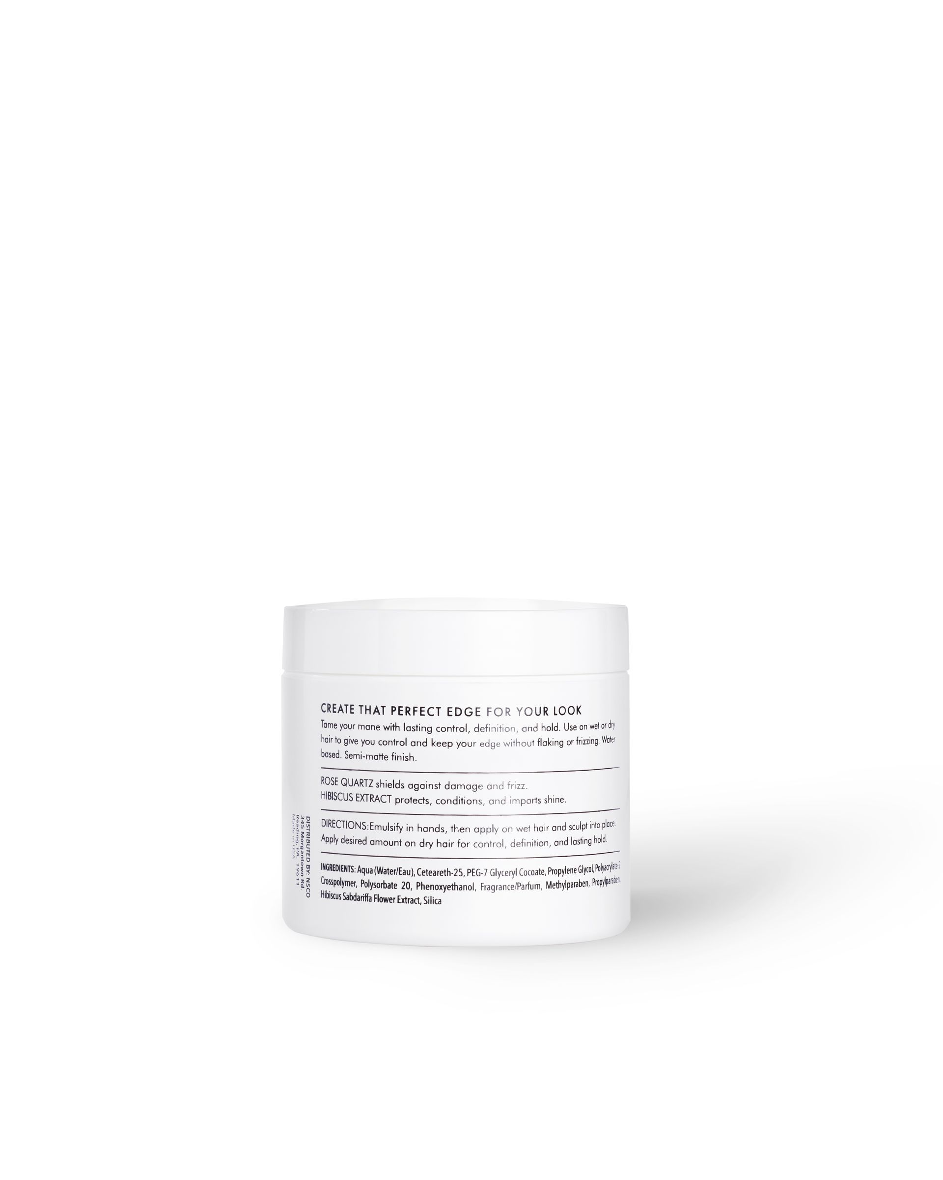 White circular jar with black text reading pomade and control definition hold tagline