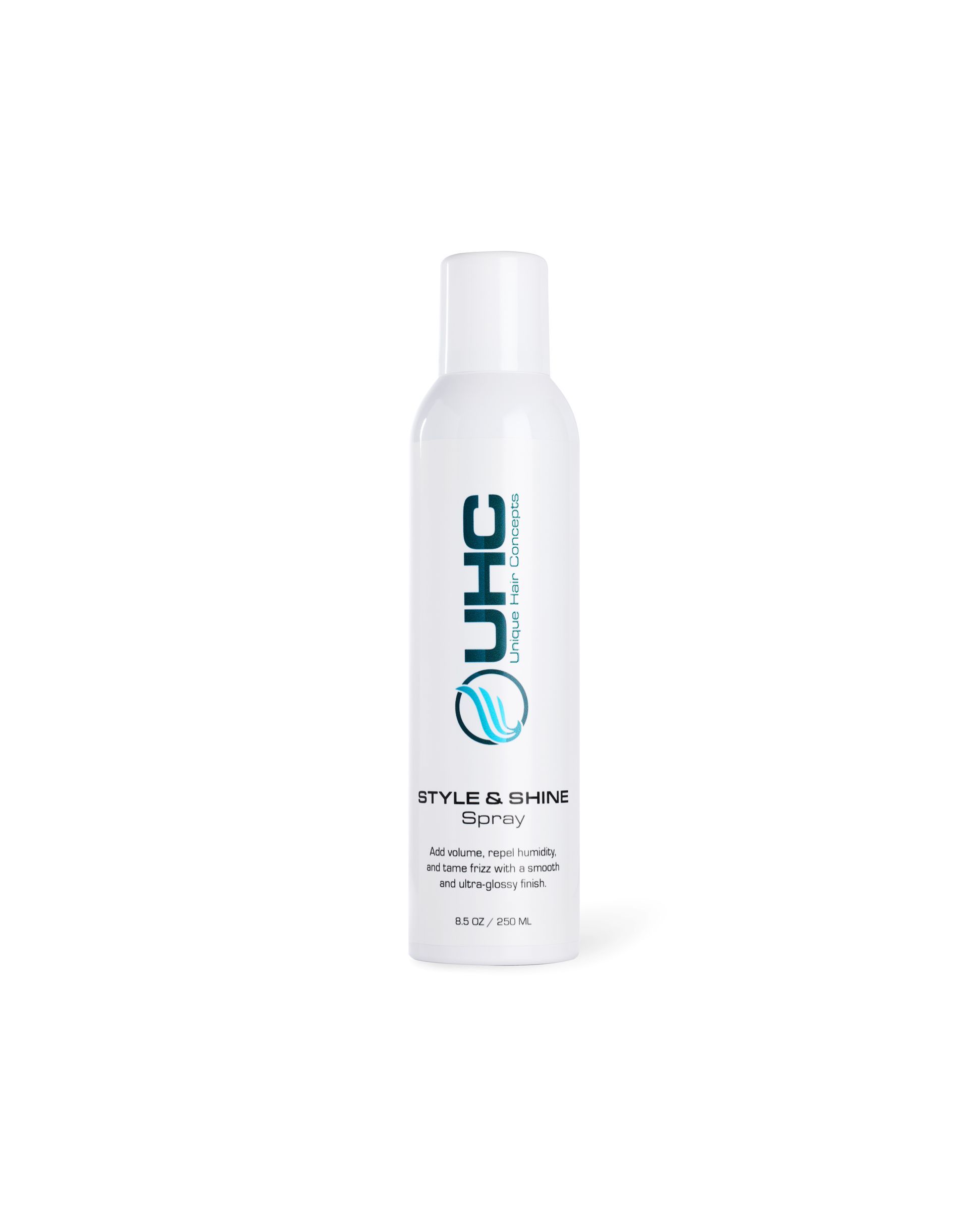 White spray bottle with UHC branding and blue logo showing Style and Shine Spray label