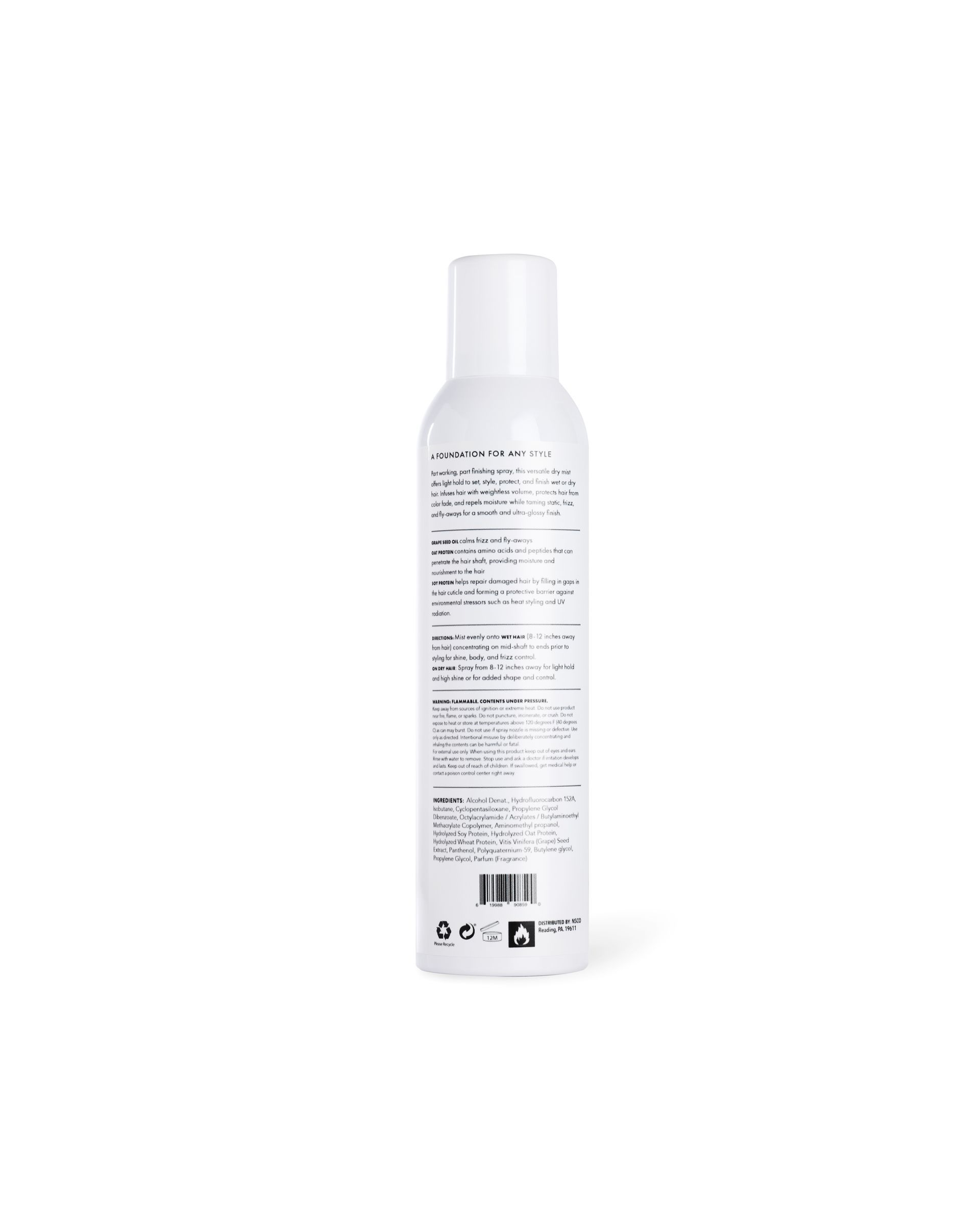 White spray bottle with UHC branding and blue logo showing Style and Shine Spray label