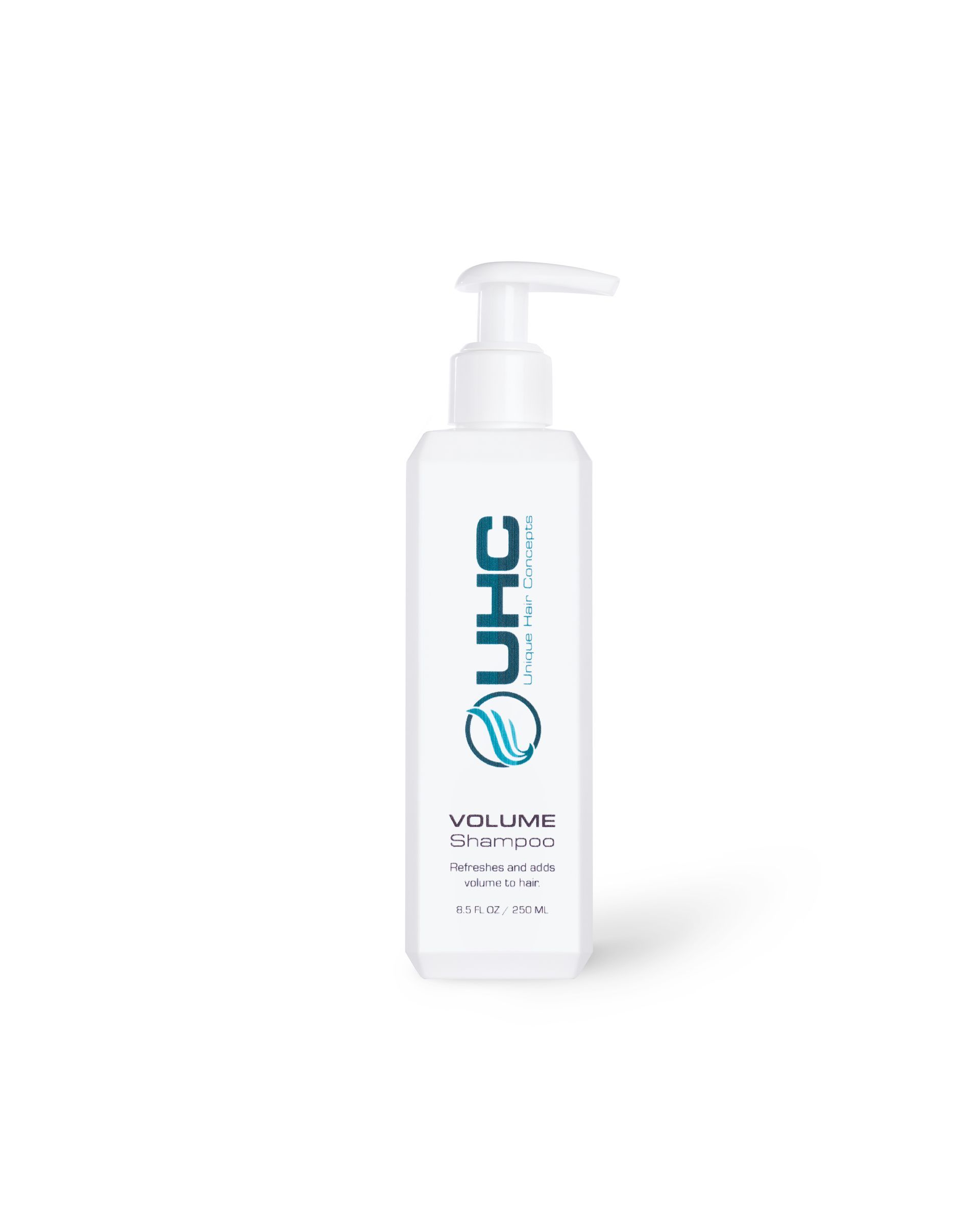 UHC Volume Shampoo white bottle with pump, teal branding and front label visible