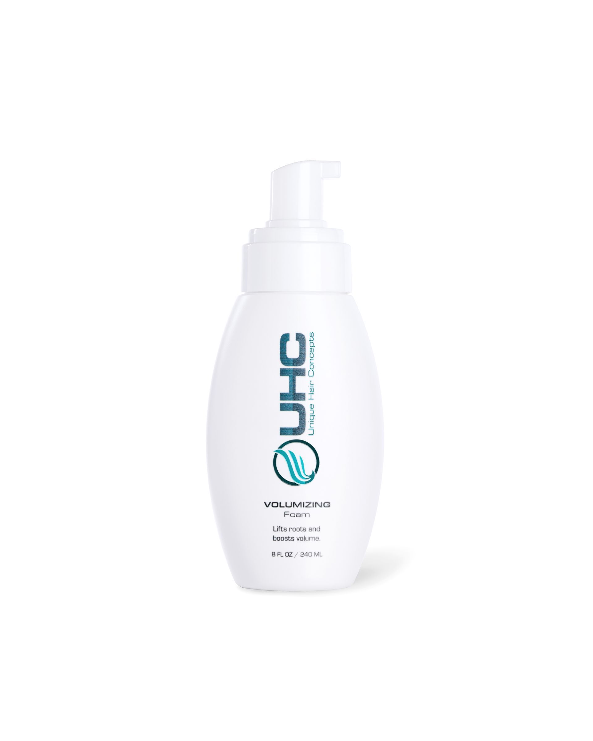 White foaming pump bottle with UHC branding displaying Volumizing Foam product name