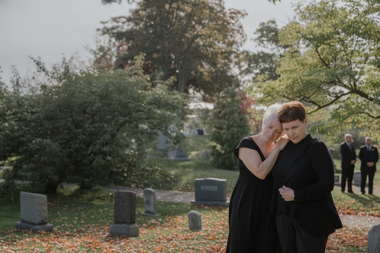 Two women in dark mourning attire stand close together among weathered cemetery headstones, one resting her head on the other's shoulder in a gesture of comfort, with autumn leaves scattered on the ground and two men in dark suits visible behind them in late-day light.