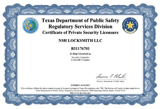 Texas private security license certificate with blue ornate border and state seals
