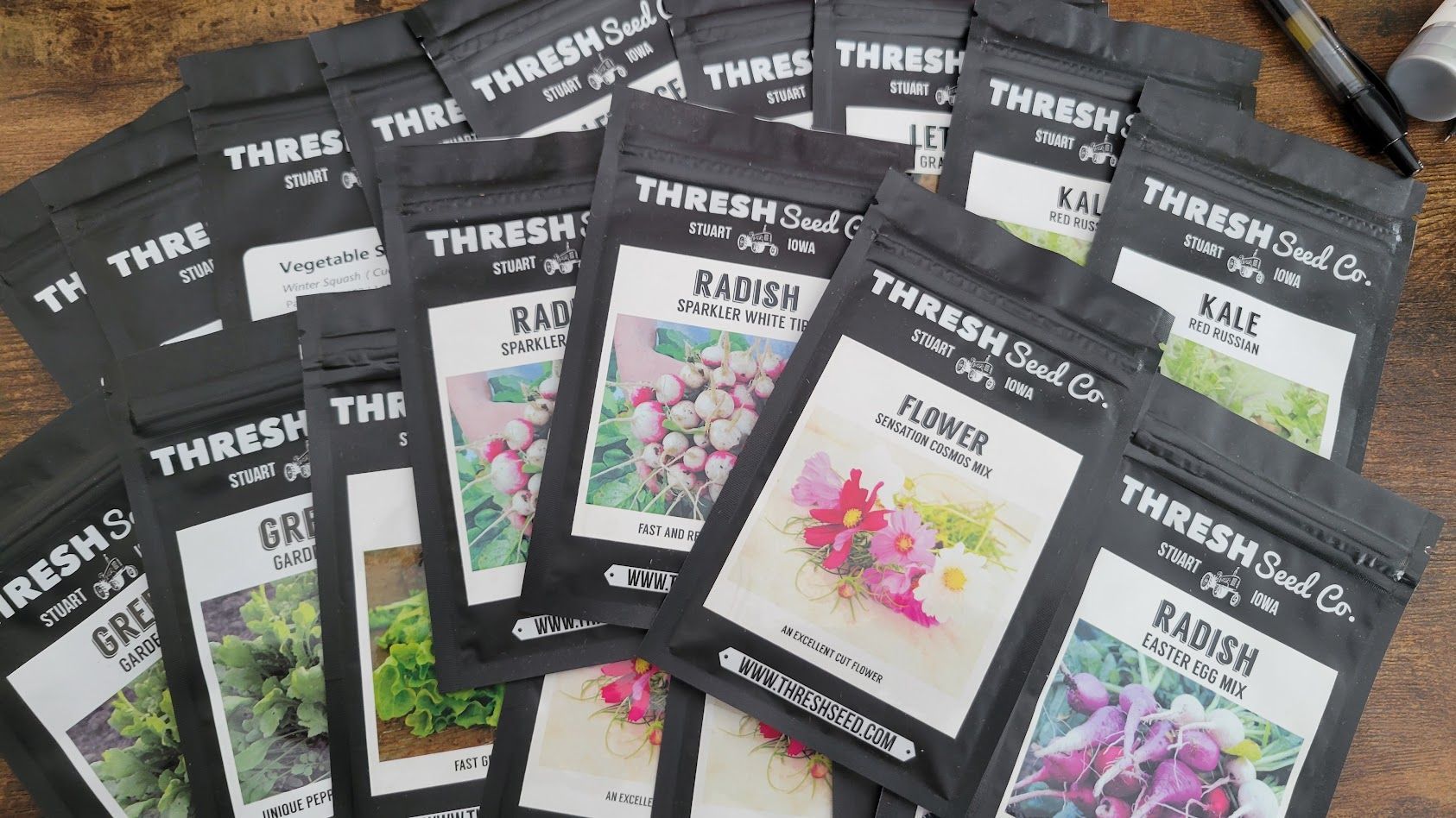 A pile of seeds donated to the Lunenburg Seed Library by Thresh Seed Co.