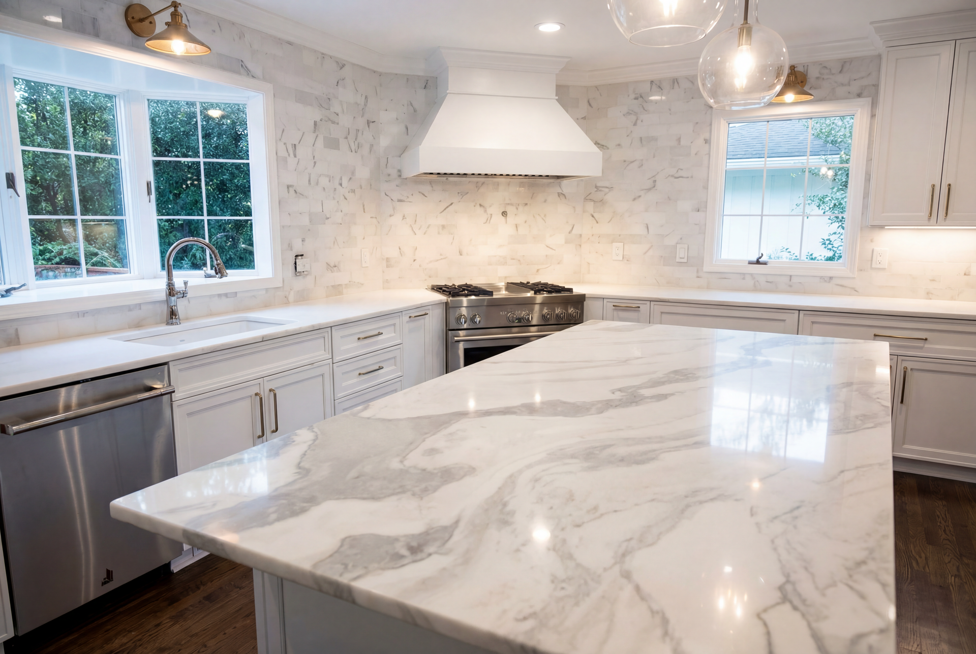 Bright white kitchen with marble island, gray cabinets, stainless appliances, and large windows.