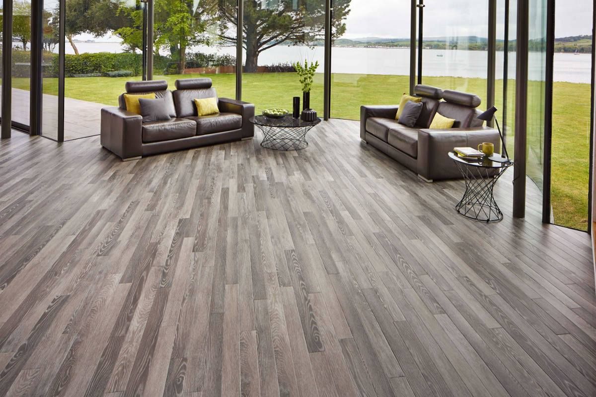 A living room with a wooden floor and two couches.