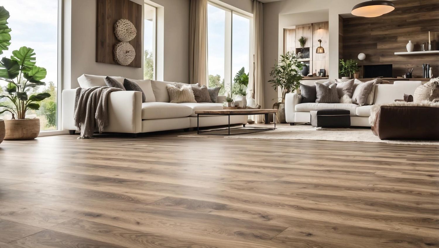 Spacious living room with wood flooring, white sofas, large windows, and a wooden accent wall.