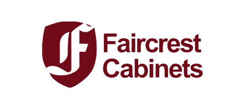 Faircrest Cabinets logo in maroon with stylized shield icon and text on white background