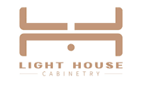 Light brown "LIGHT HOUSE CABINETRY" logo with stylized cabinet icon on white background