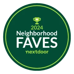 Green circular badge reading “2024 Neighborhood FAVES nextdoor” with a small trophy icon.
